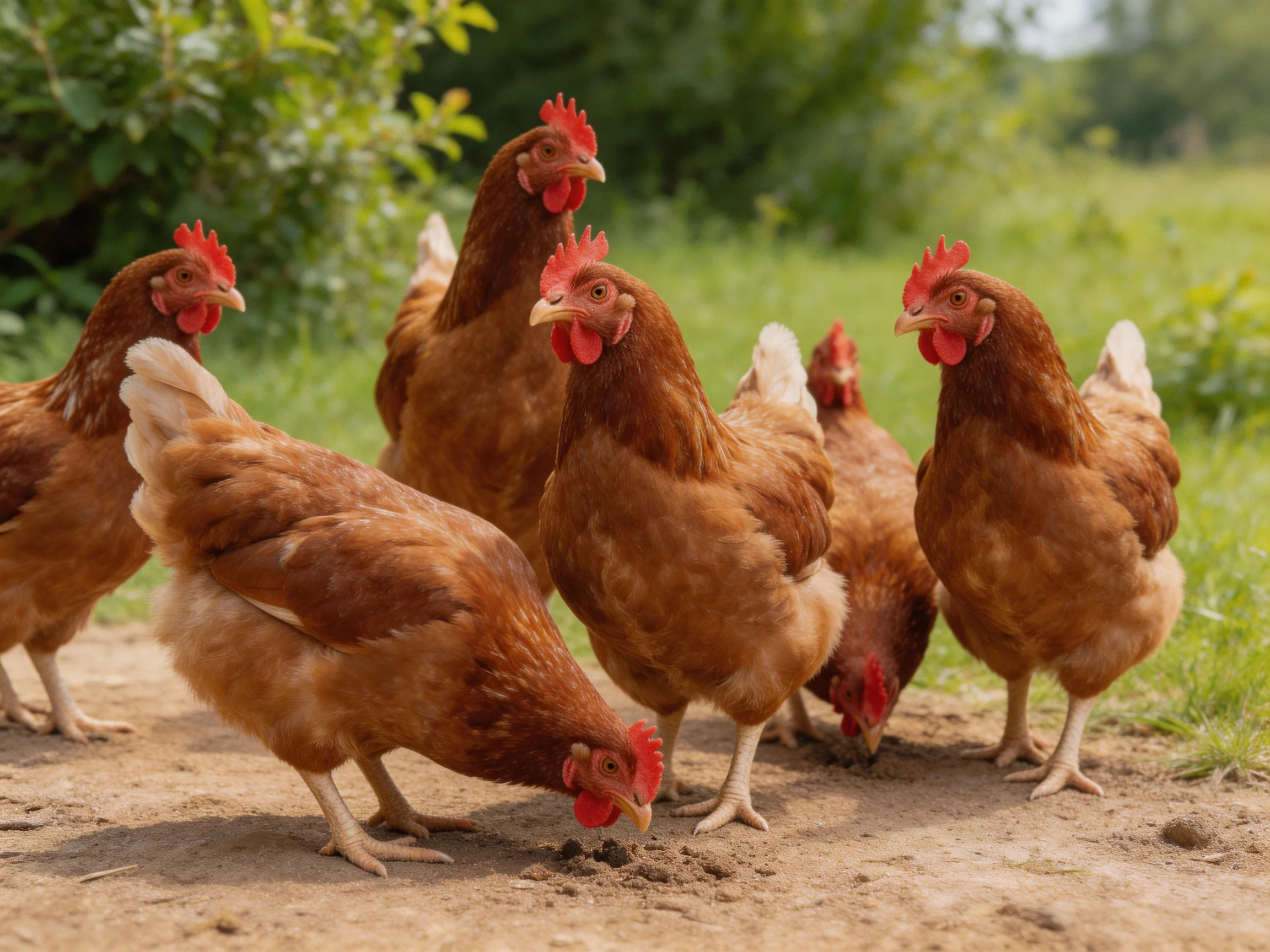 Six reddish-brown hens foraging on a dirt path near greenery