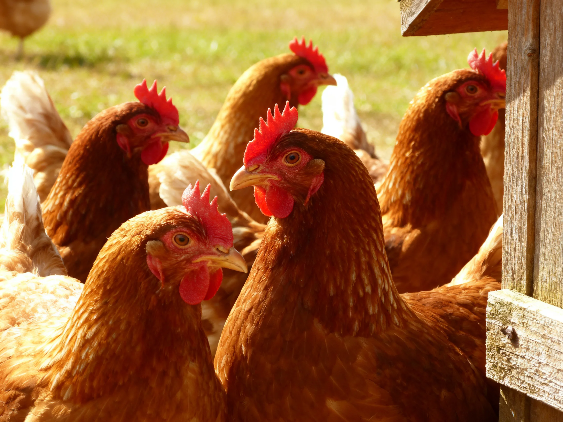 Six reddish -rown hens gather near a weathered wooden coop under bright daylight