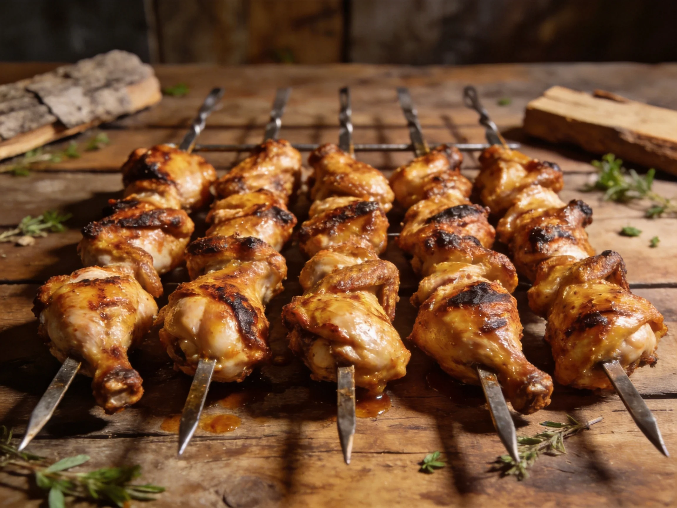 Golden-brown grilled chicken skewers are arranged on a rustic wooden surface with surrounding herbs.