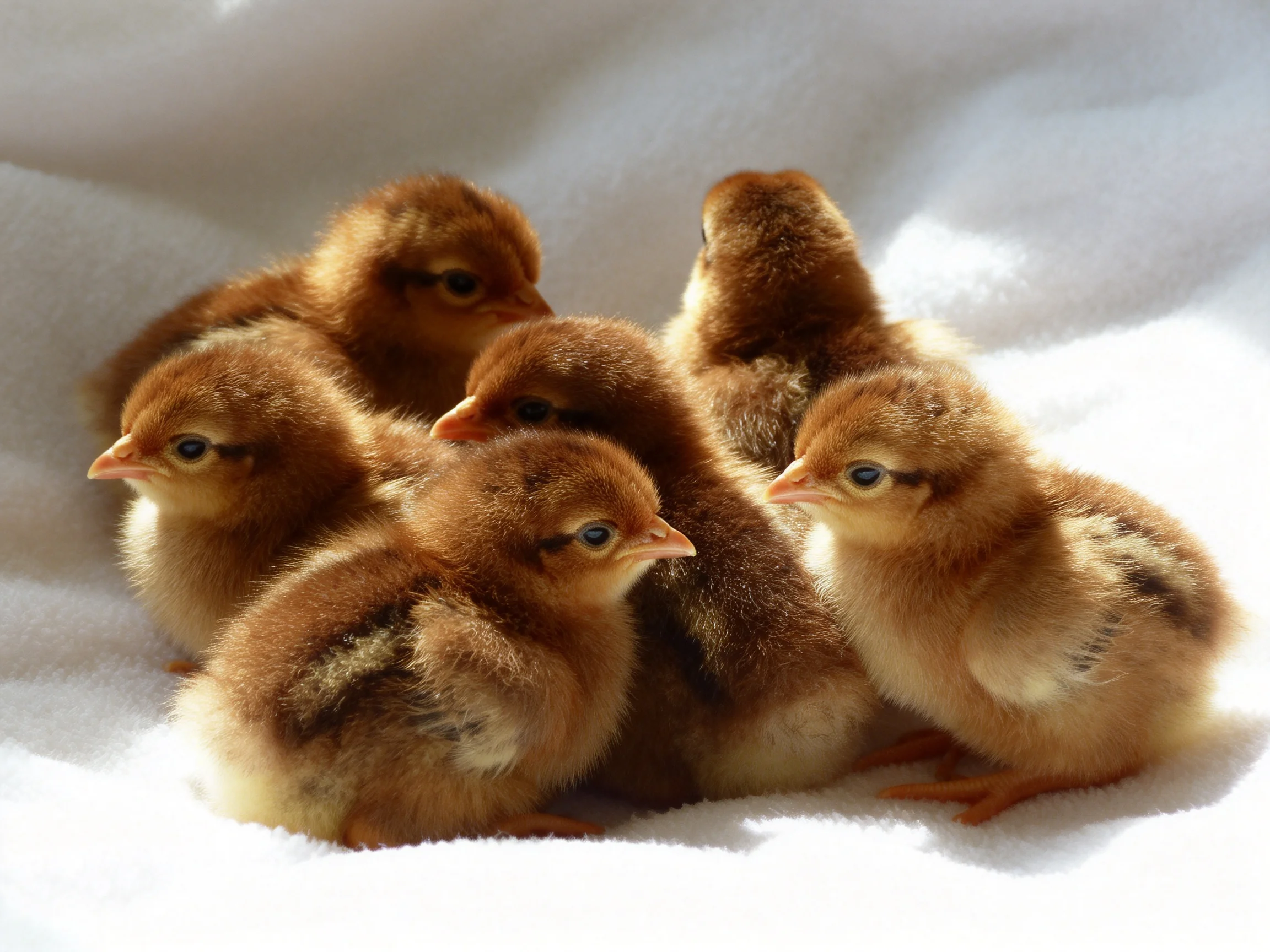 Six small brown baby chicks clustered on a soft white towel