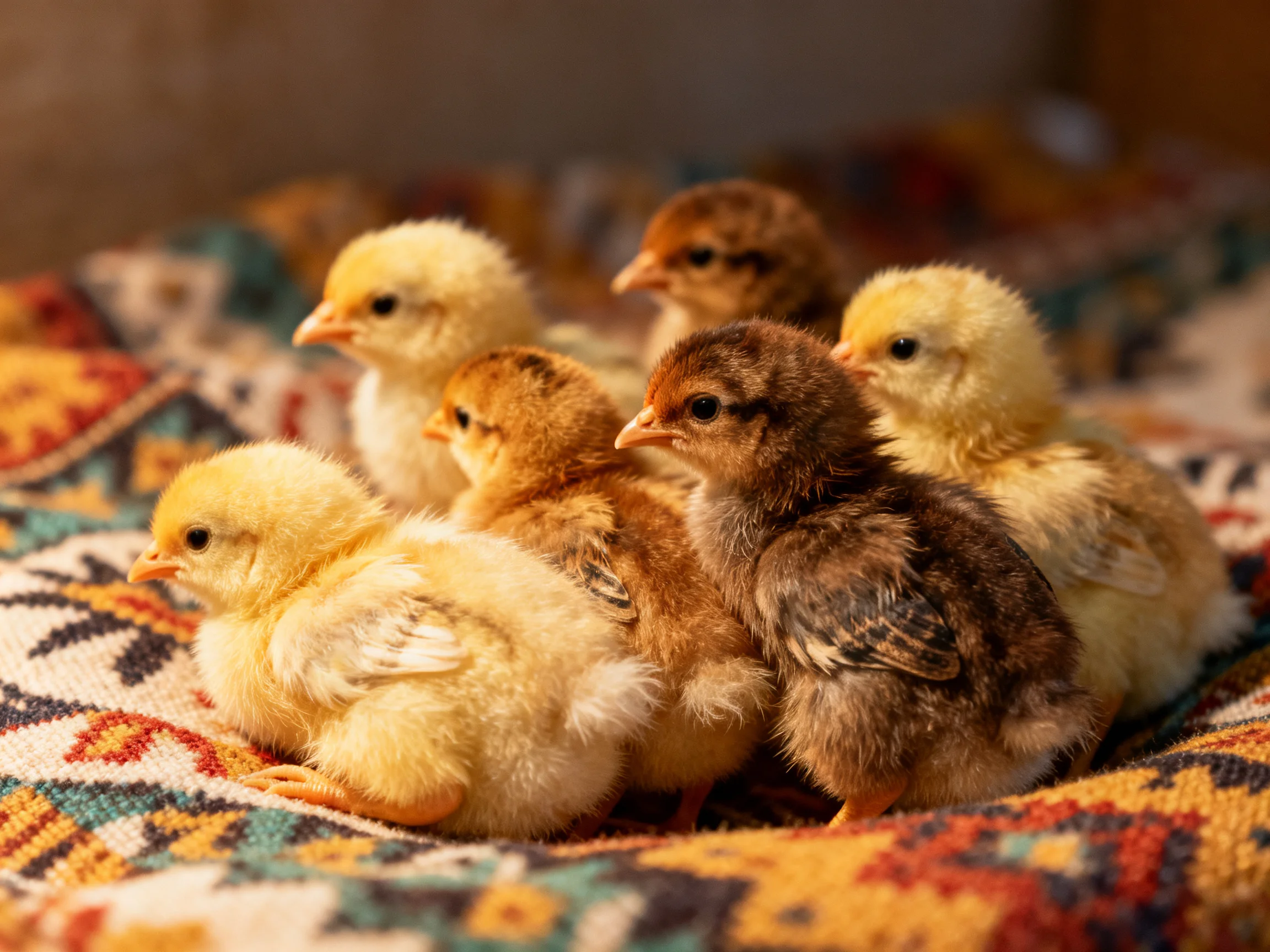 Six small chicks of mixed colors clustered on a patterned textile