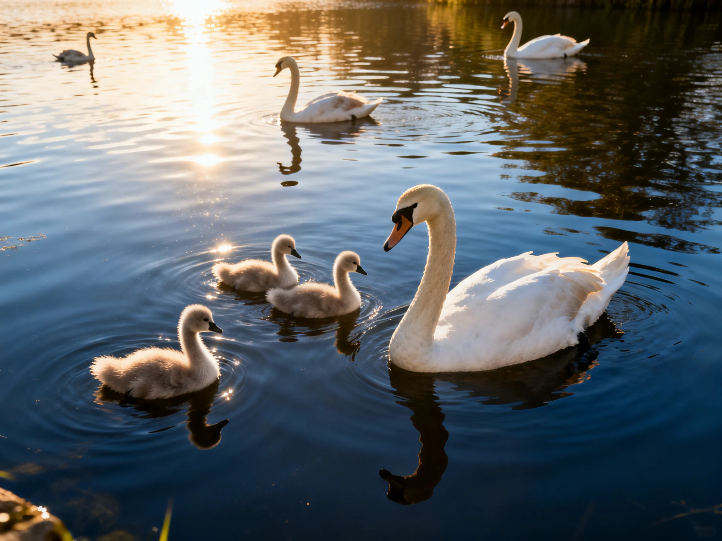 Six swans, including cygnets, glide on calm blue water with golden light