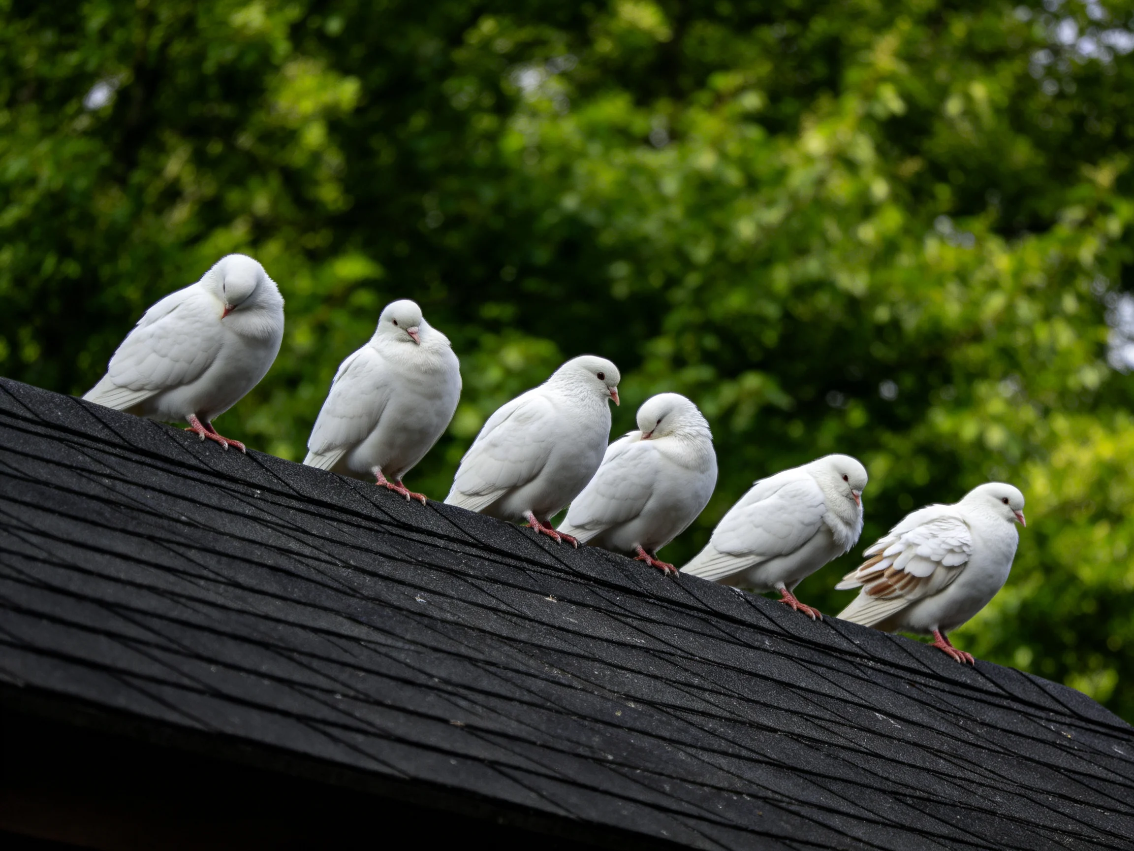 Six white birds perched on a dark shingled roof near dense green trees