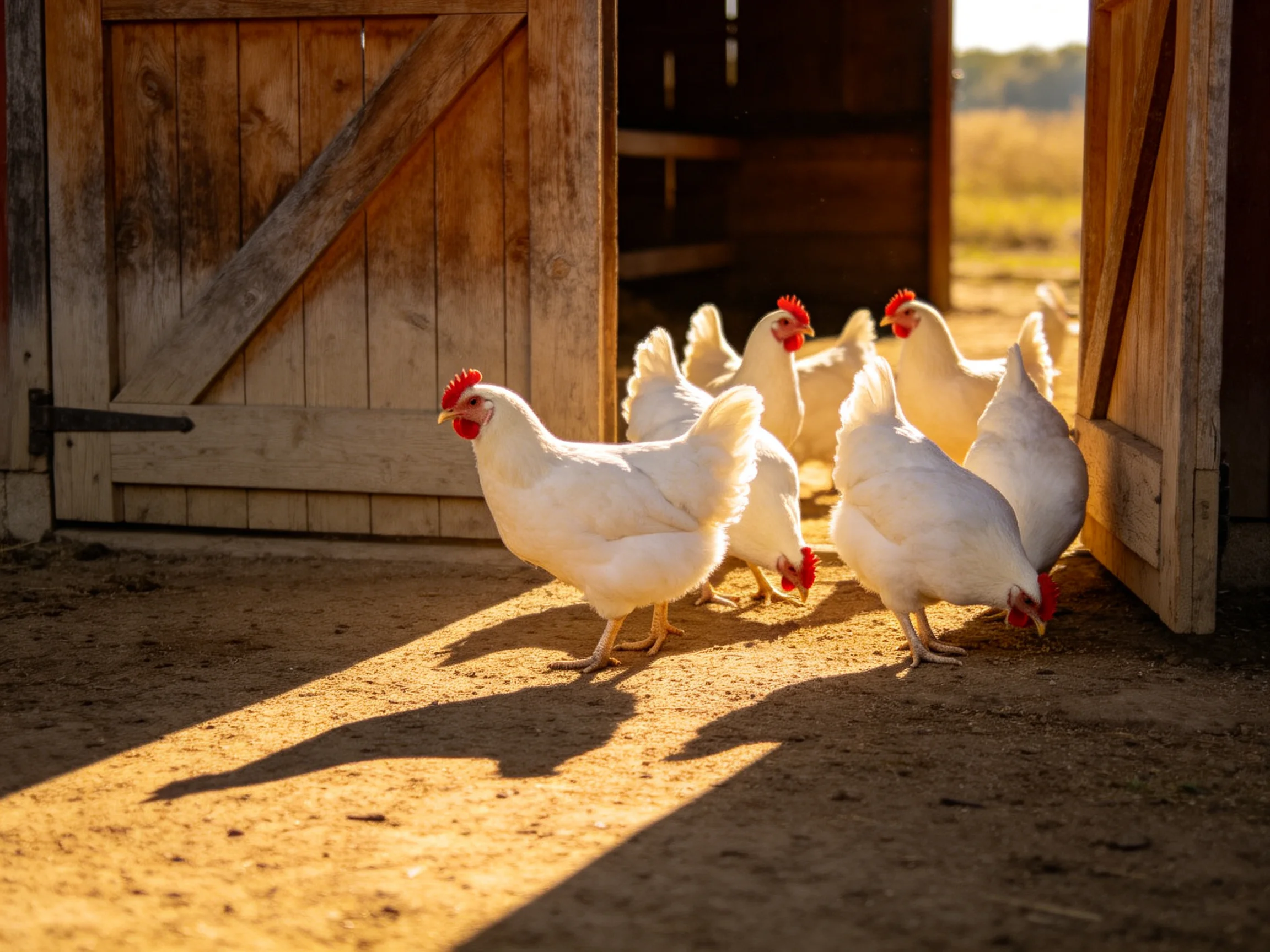 Six white chickens exit a weathered wooden barn door into golden sunlight