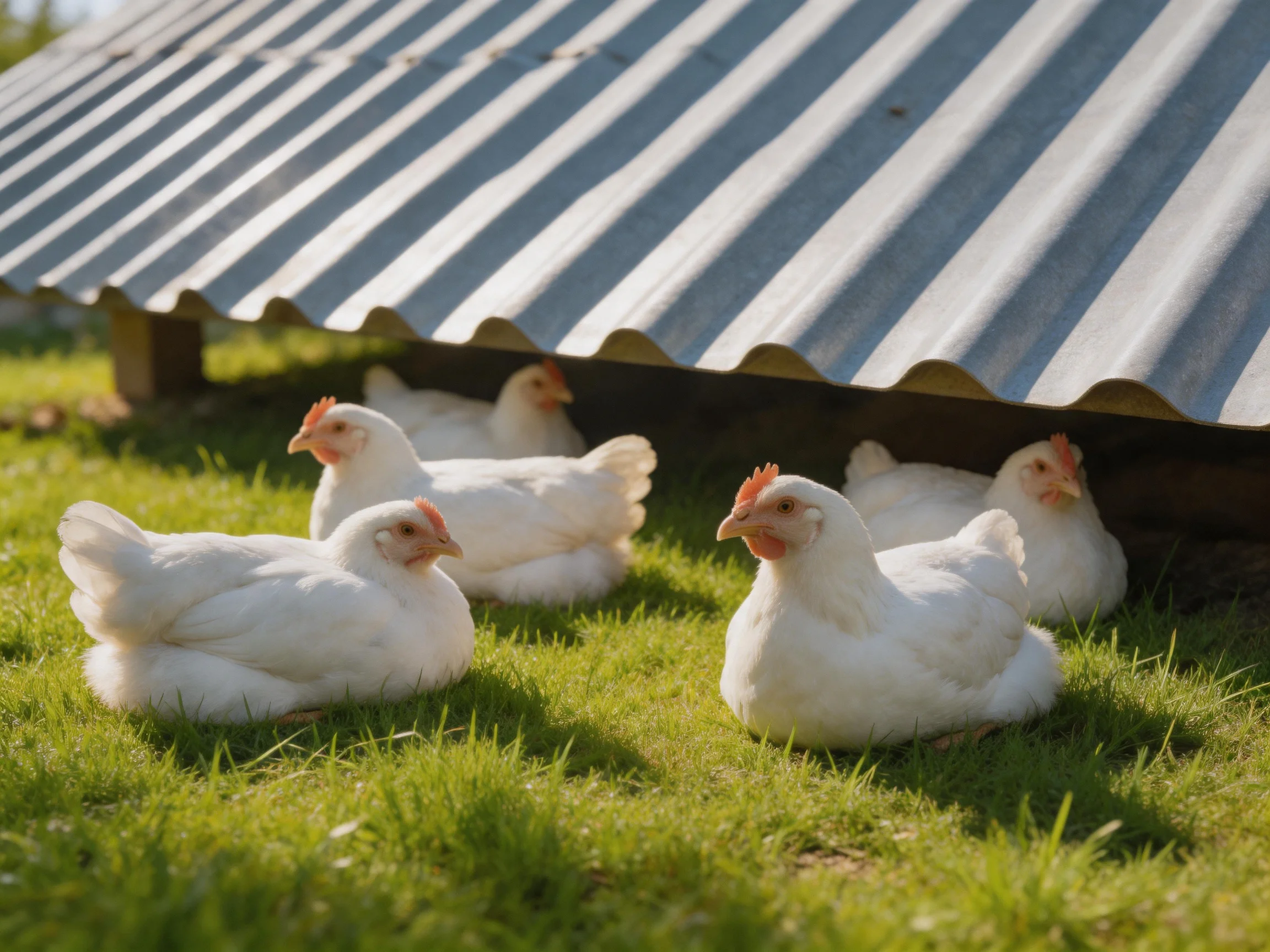 Six white chickens rest on green grass beside a corrugated metal shelter