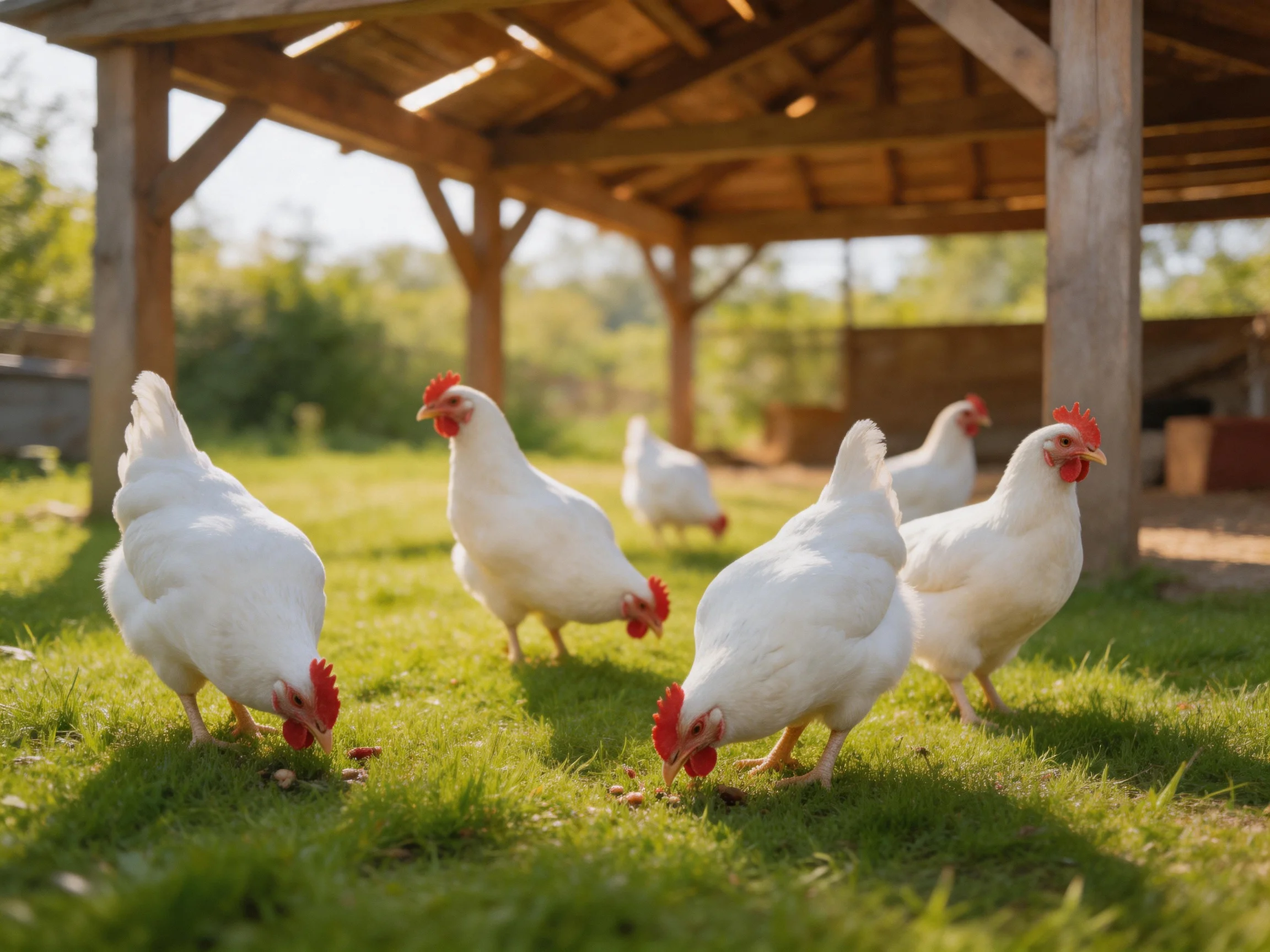 Six white chickens with red combs grazing on green grass near a wooden shelter