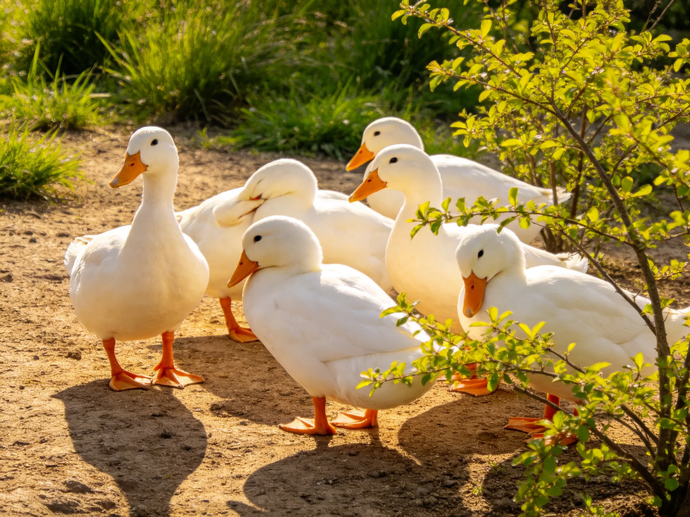 Six white ducks gather on sandy ground near green foliage