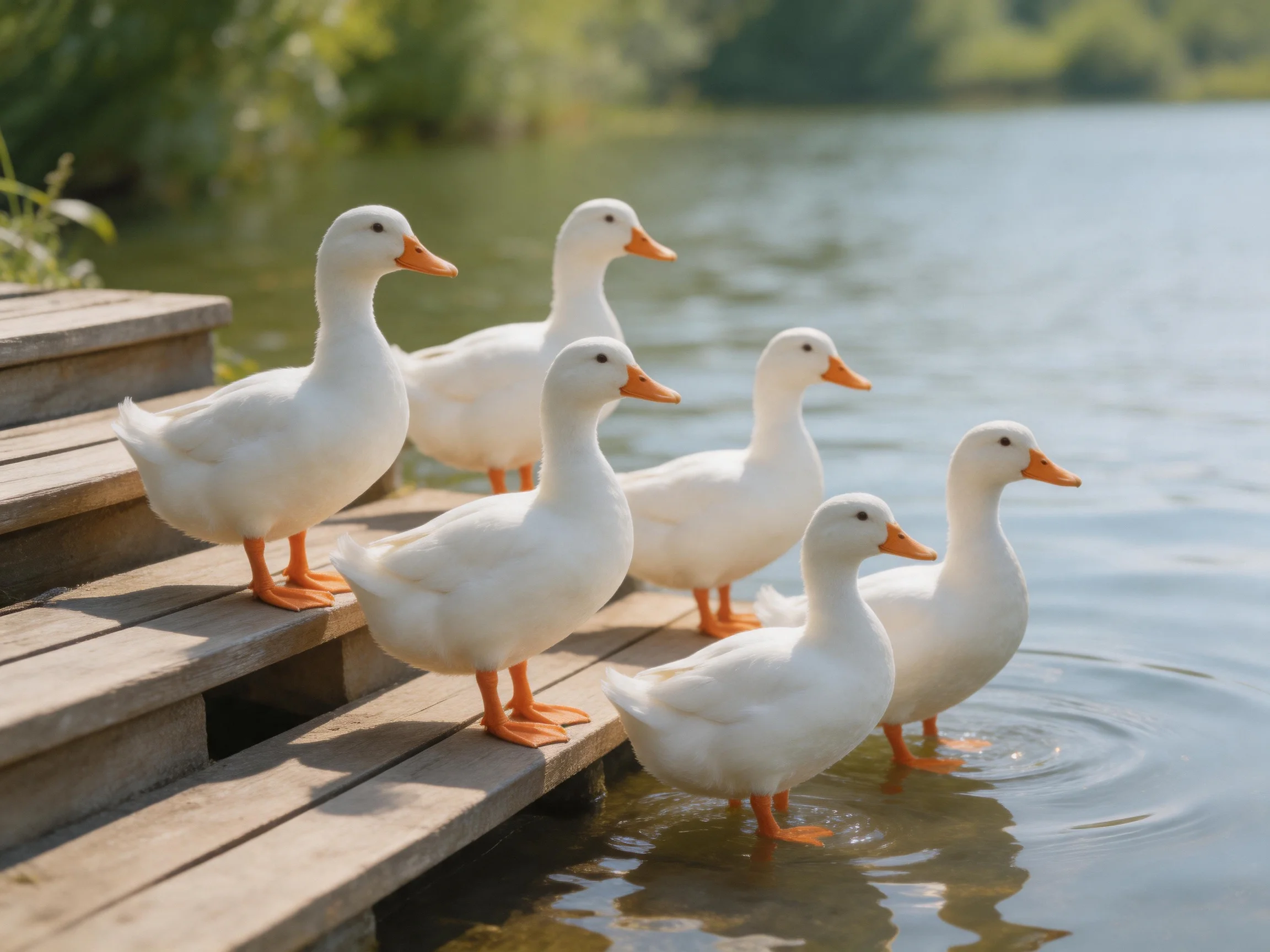 Six white ducks with orange beaks stand on wooden dock beside calm water