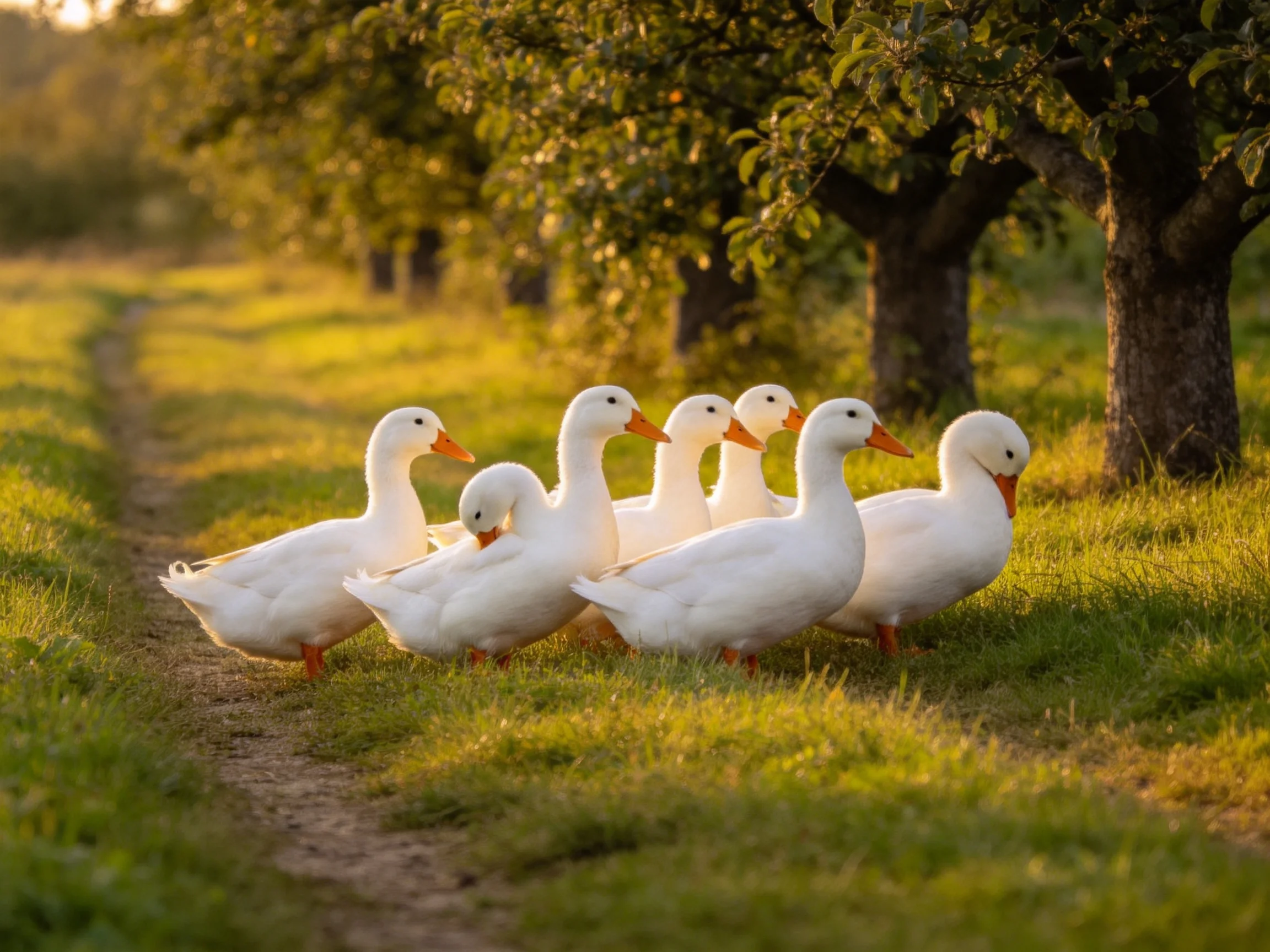 Six white ducks with orange beaks walk along a sunlit dirt path near trees