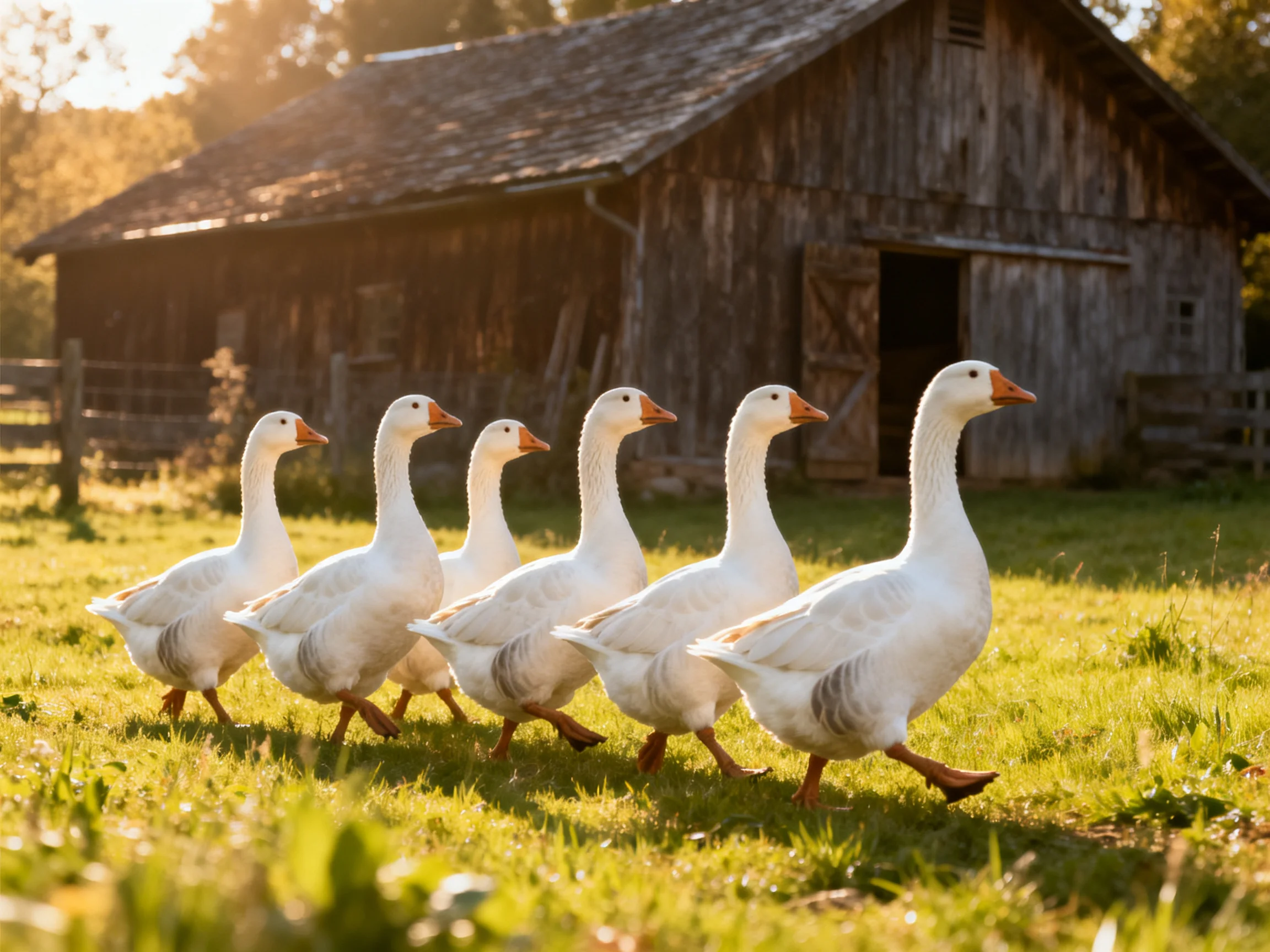 Six white geese march across a sunlit green pasture near an aged wooden barn