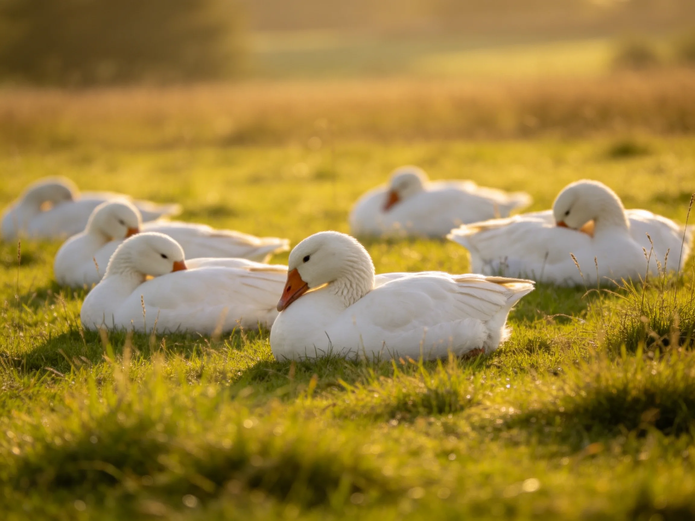 Six white geese rest on sun-drenched green grass