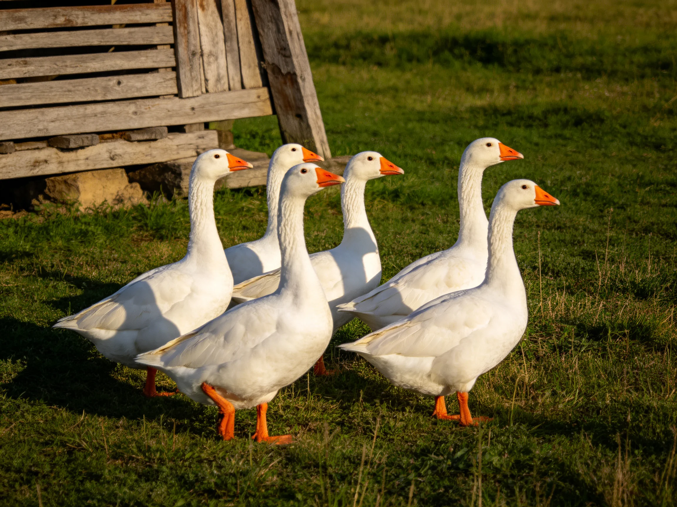 Six white geese with bright orange beaks near a wooden structure on lush green grass