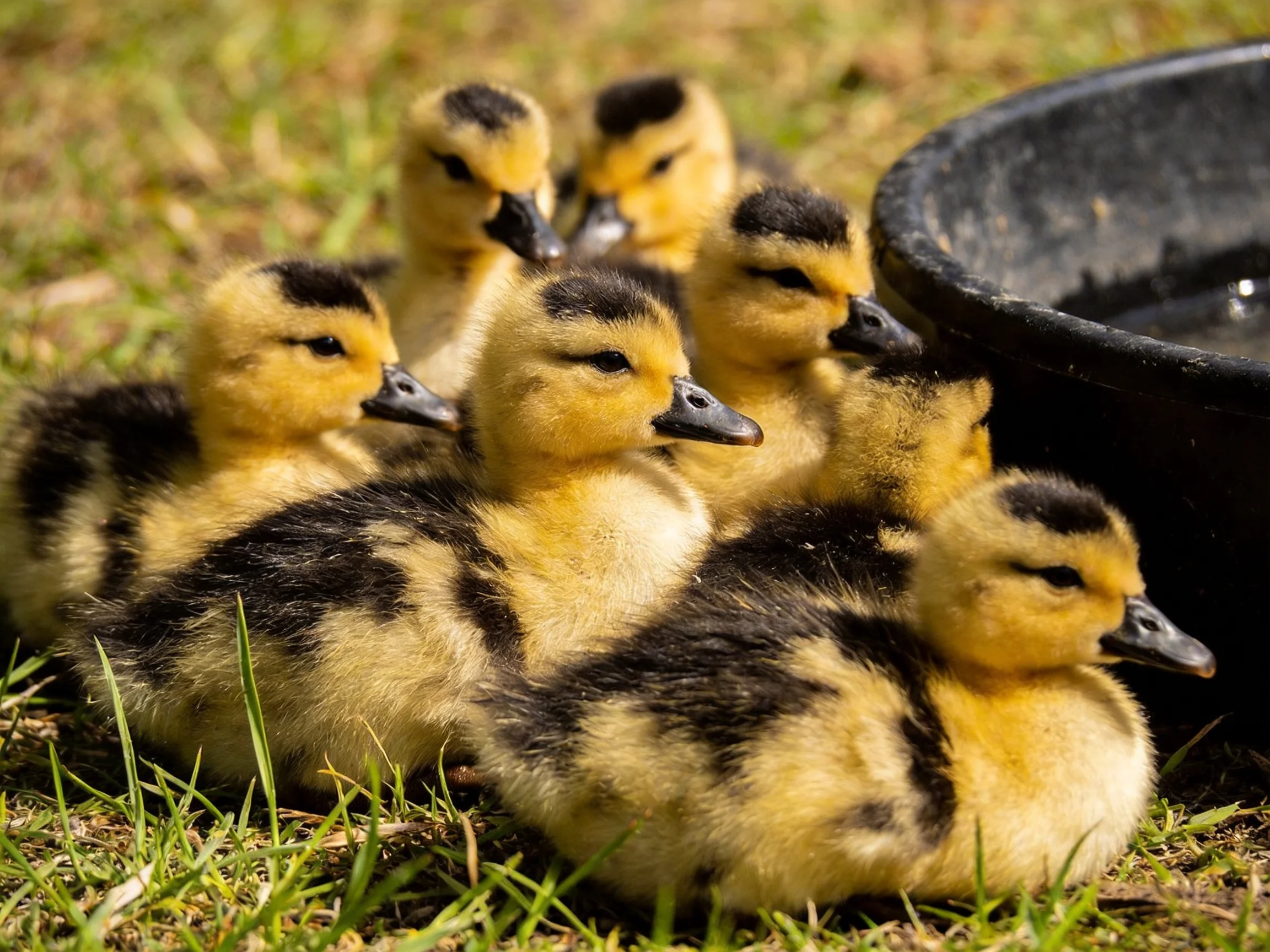 Six young ducks with yellow and black plumage cluster beside a dark container outdoors.