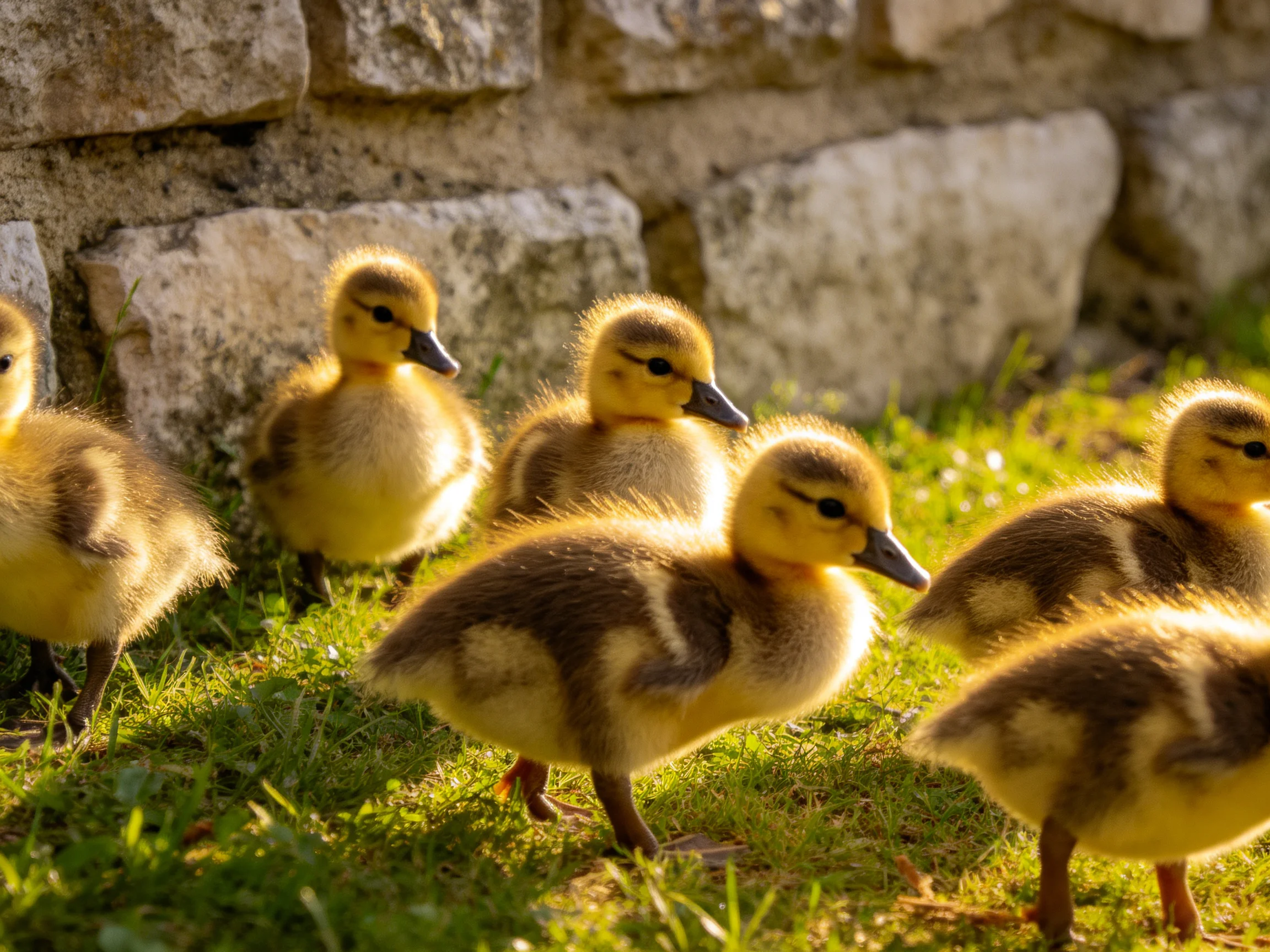 Six young ducklings with yellow and brown downy feathers near a weathered stone wall