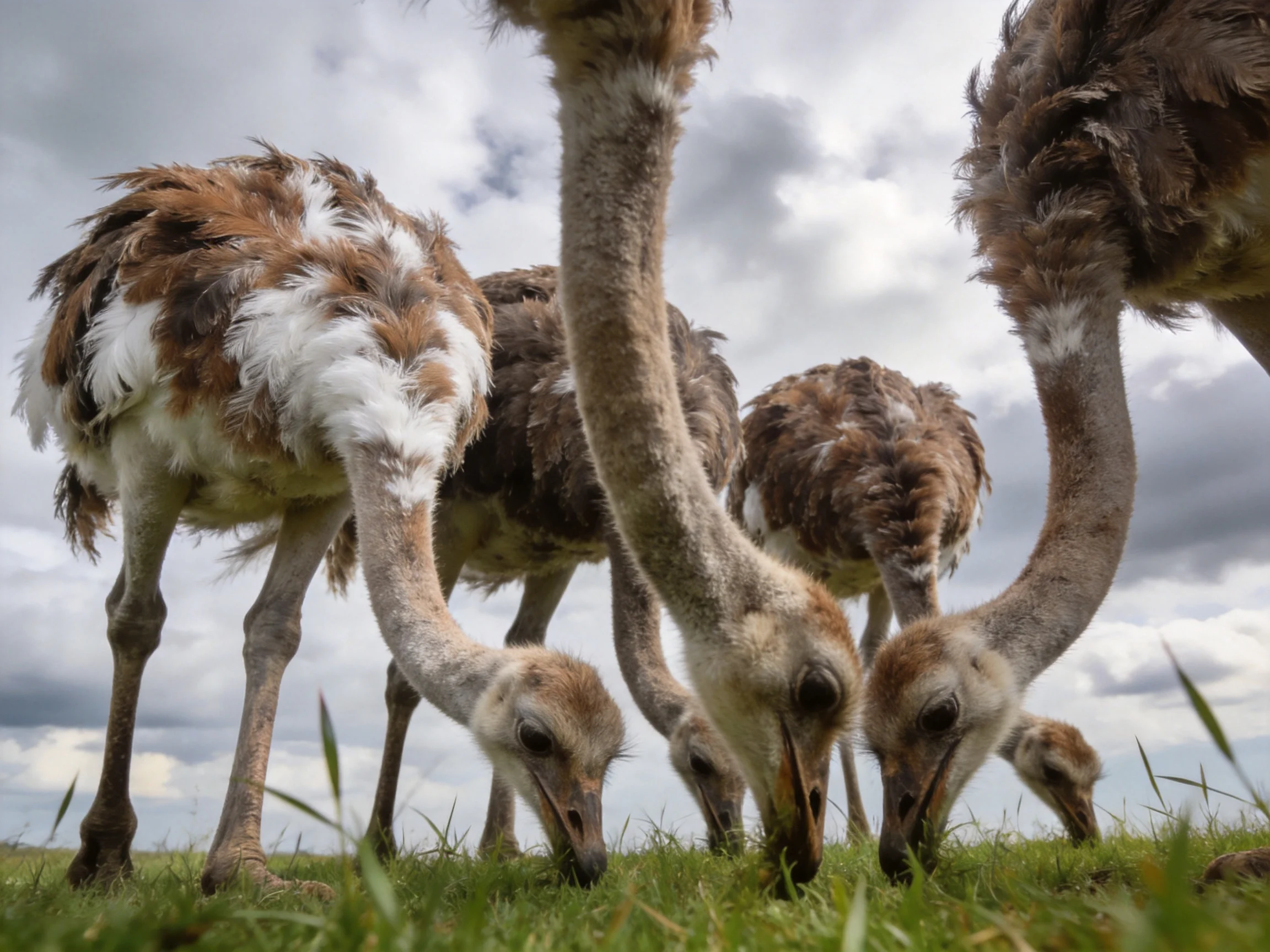Six young ostrich chicks foraging on green grassland