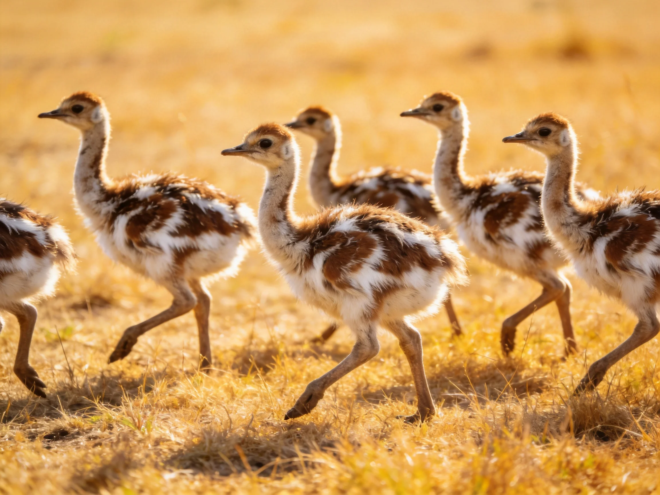 Six young ostrich chicks run together on golden savannah grass