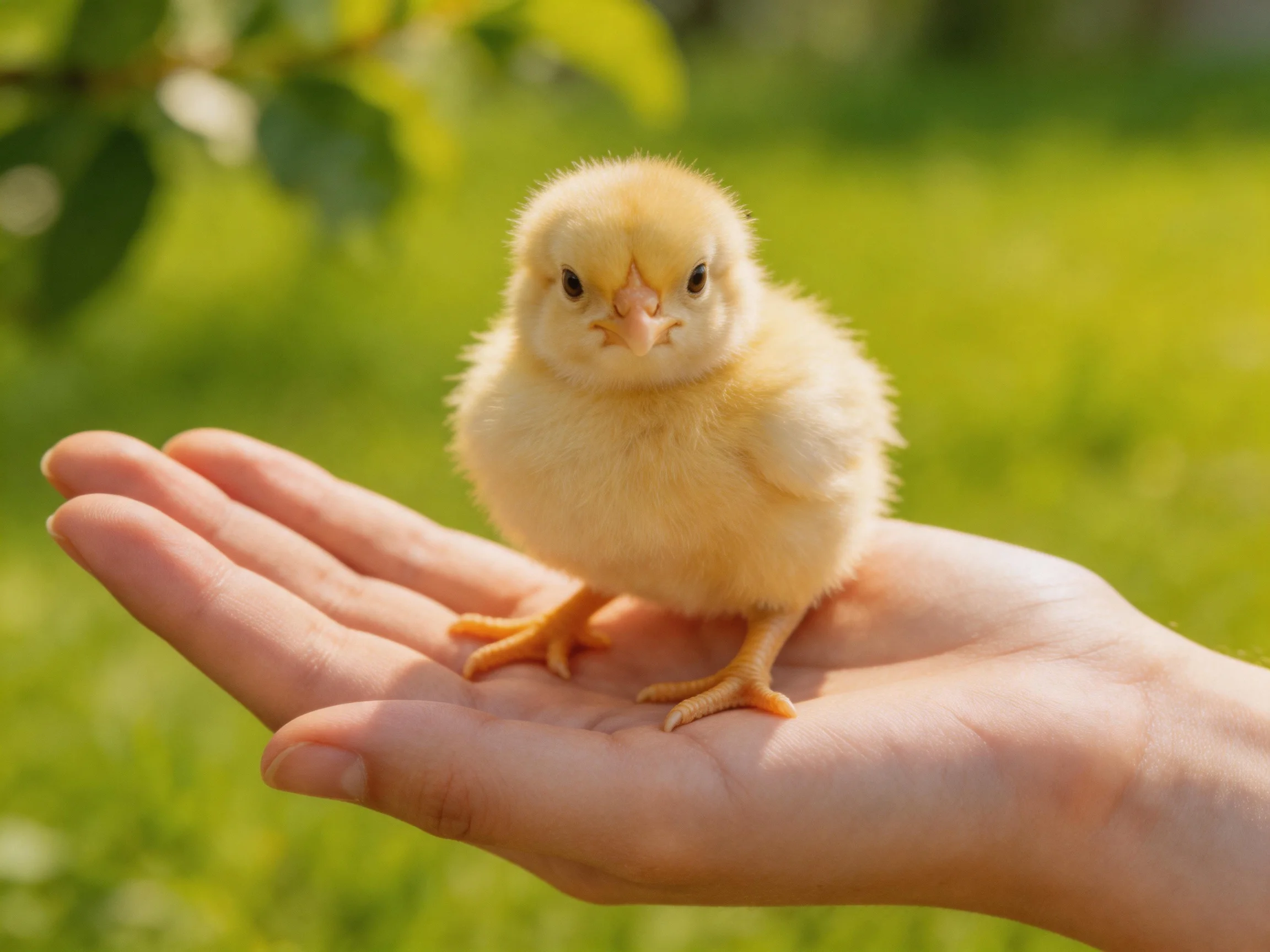Small yellow chick resting on open palm amid lush greenery
