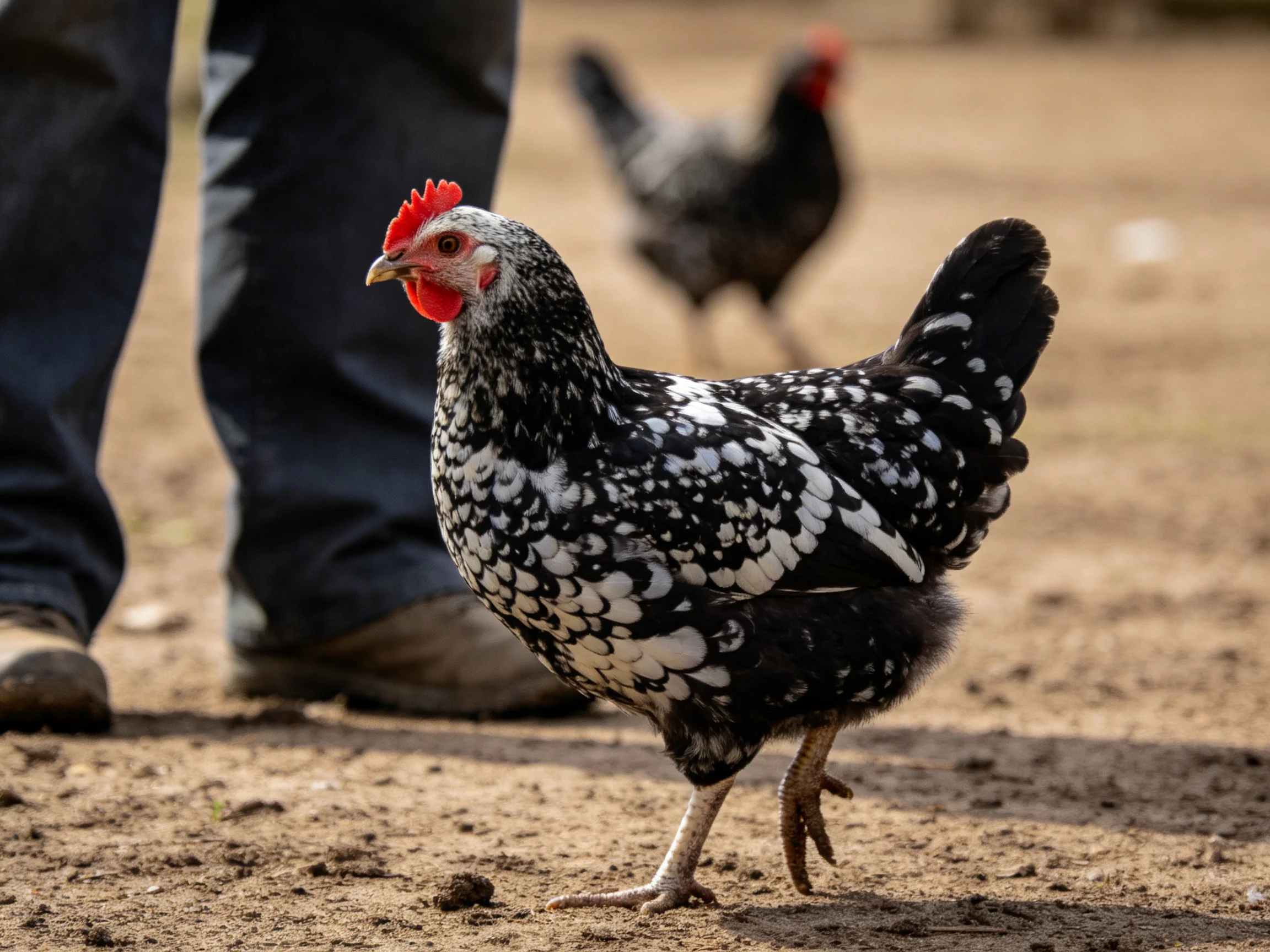 Speckled black and white chicken with red comb near human legs outdoors