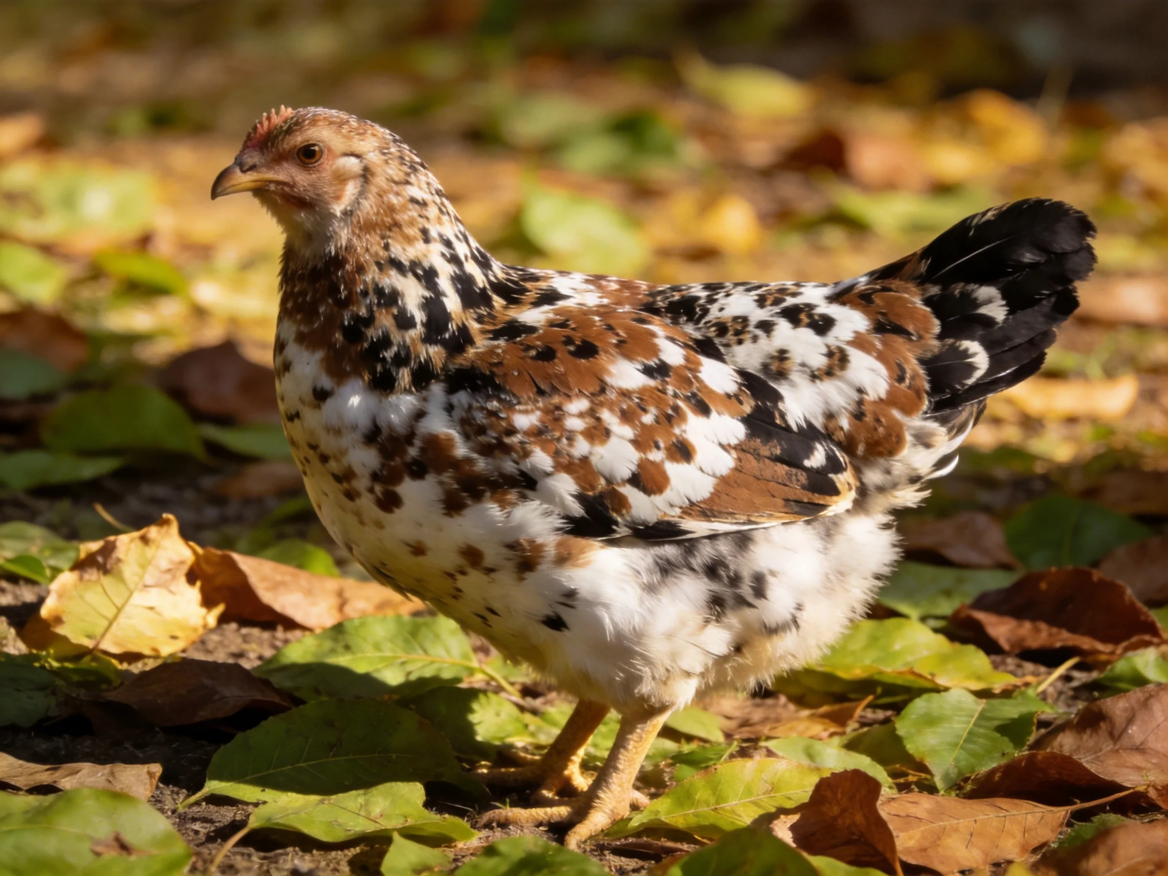 Speckled brown, white, and black chicken amid autumn foliage
