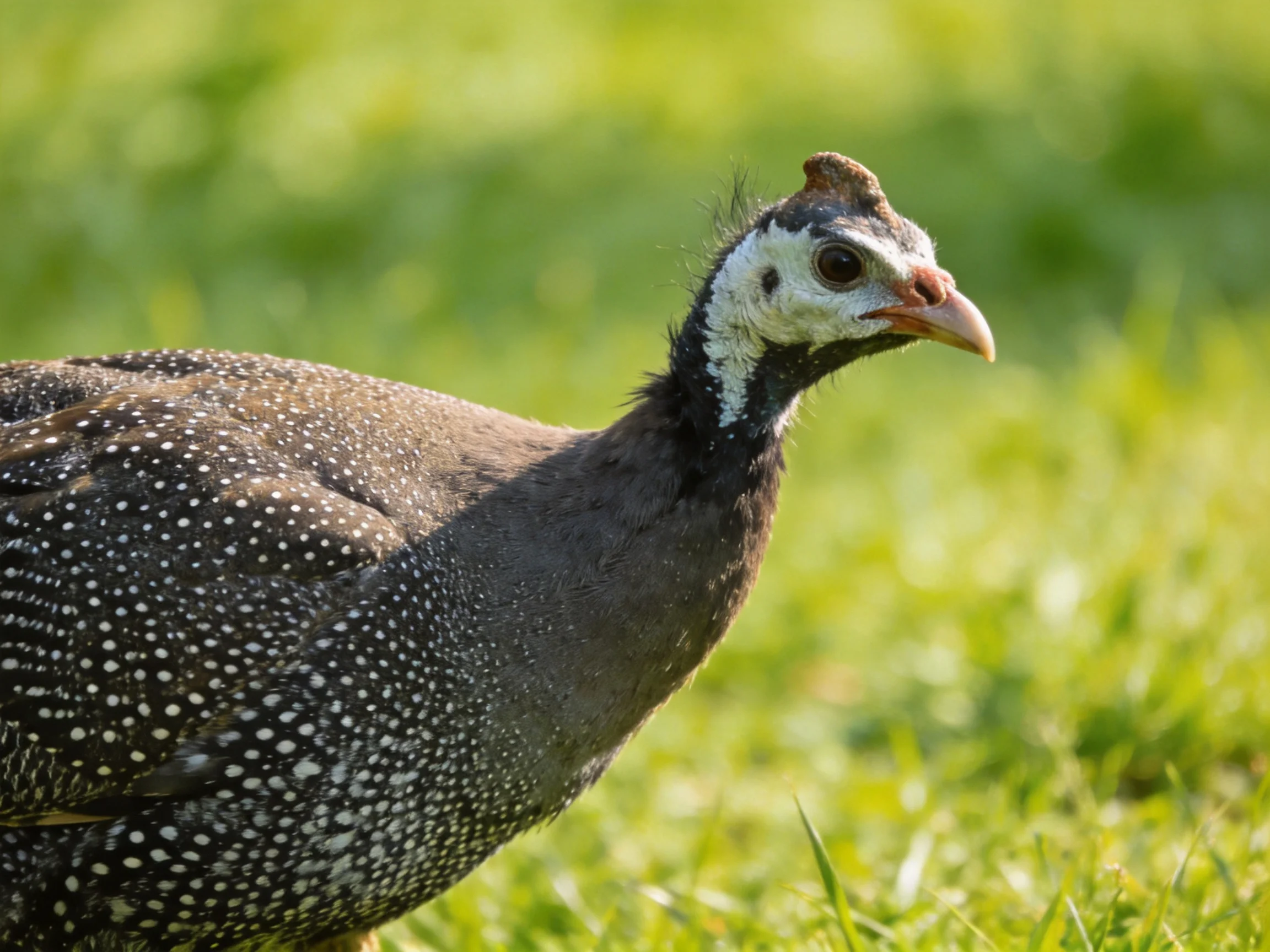 Spotted guineafowl standing in lush green grass