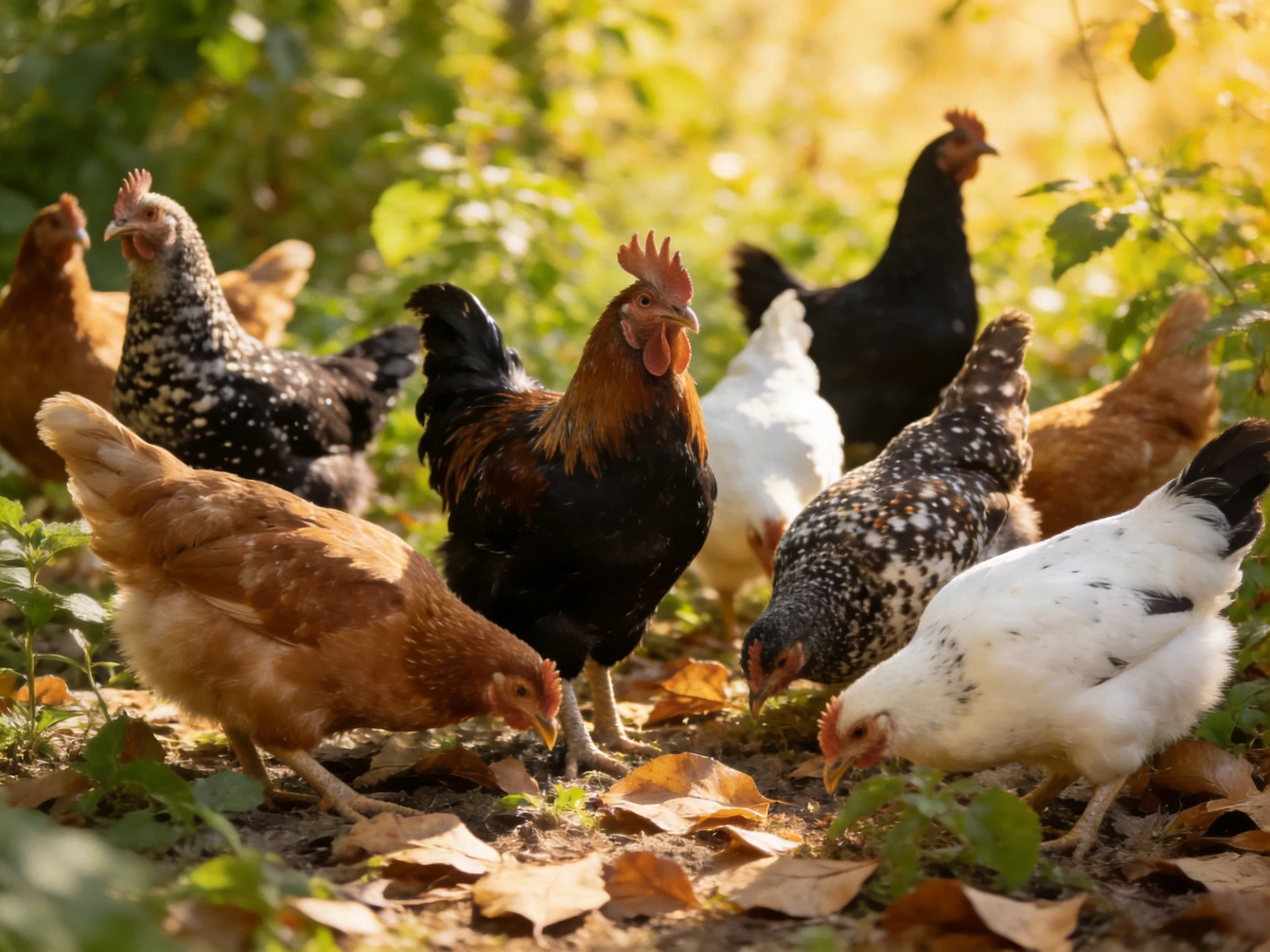 Ten chickens of various colors foraging in a sunlit garden