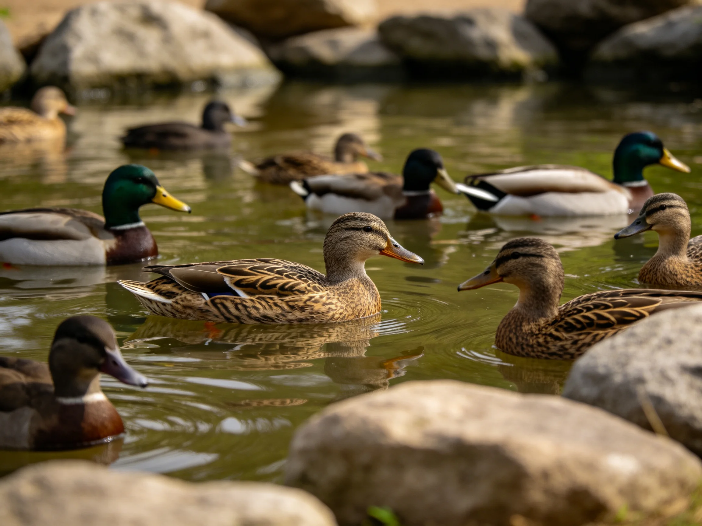 Ten ducks of diverse species swim among rocks in clear pond water