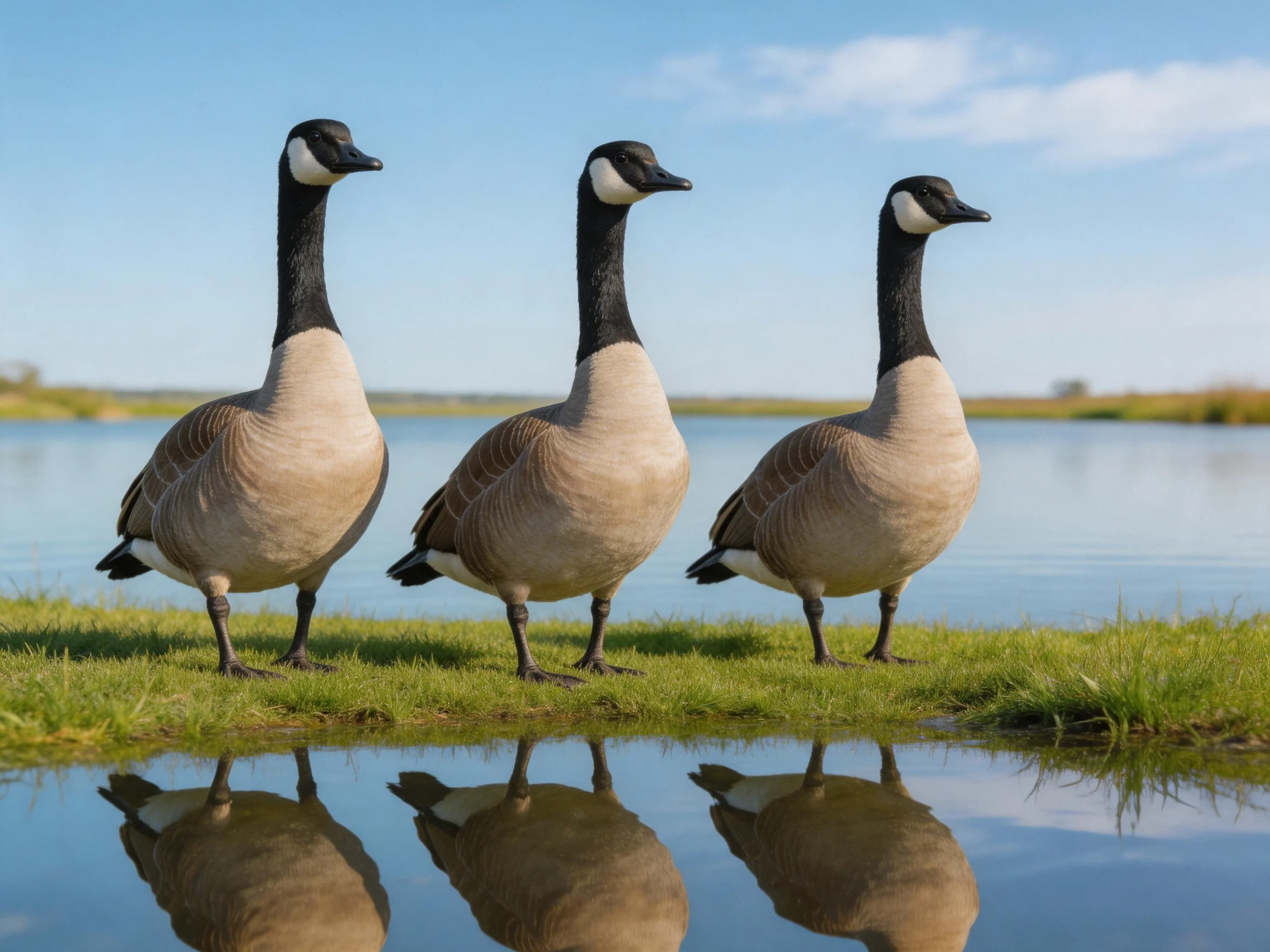 Three Canada Geese Standing on Grass Near Calm Water with Reflections