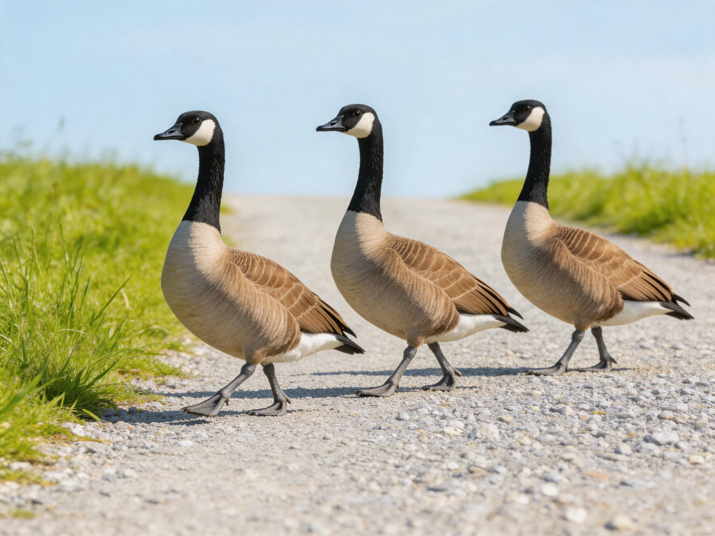 Three Canada Geese Walking Along a Gravel Path Near Green Grass