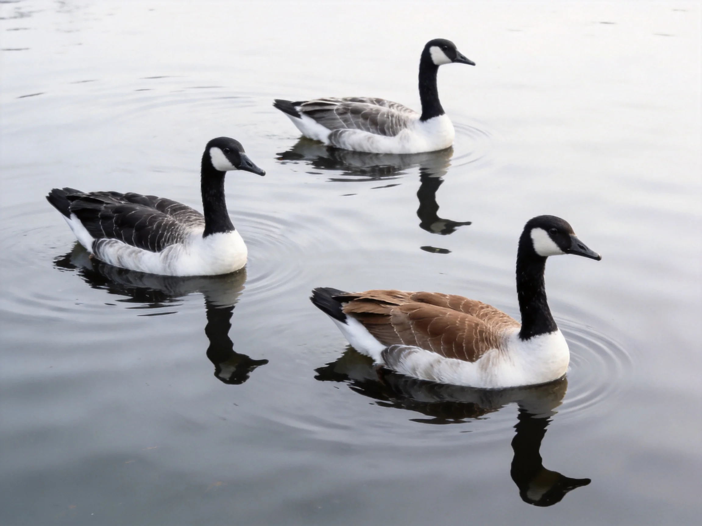 Three Canada Geese swim in calm water with black, white, and brown plumage