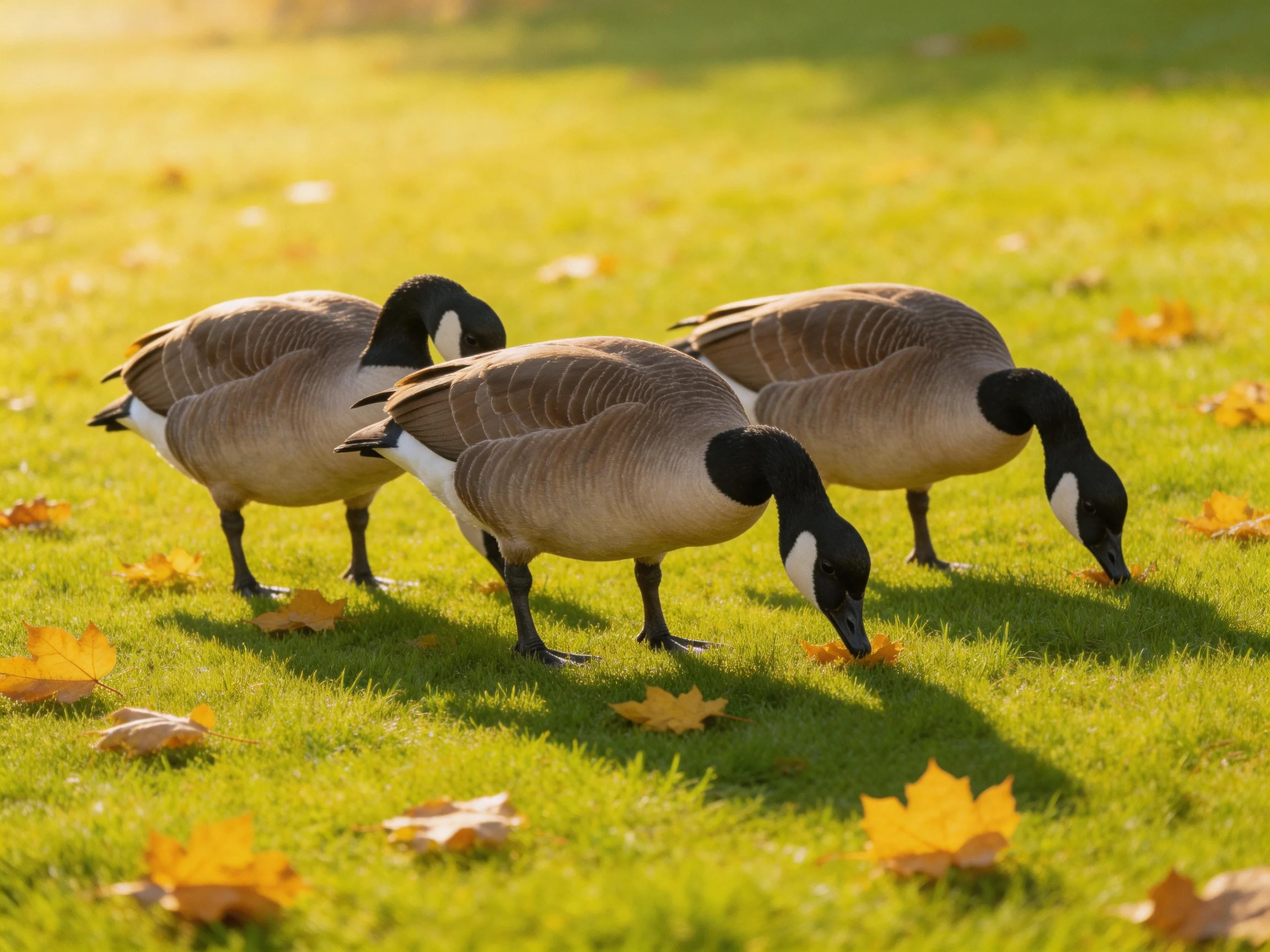 Three Canada geese foraging on sunlit grass with autumn leaves