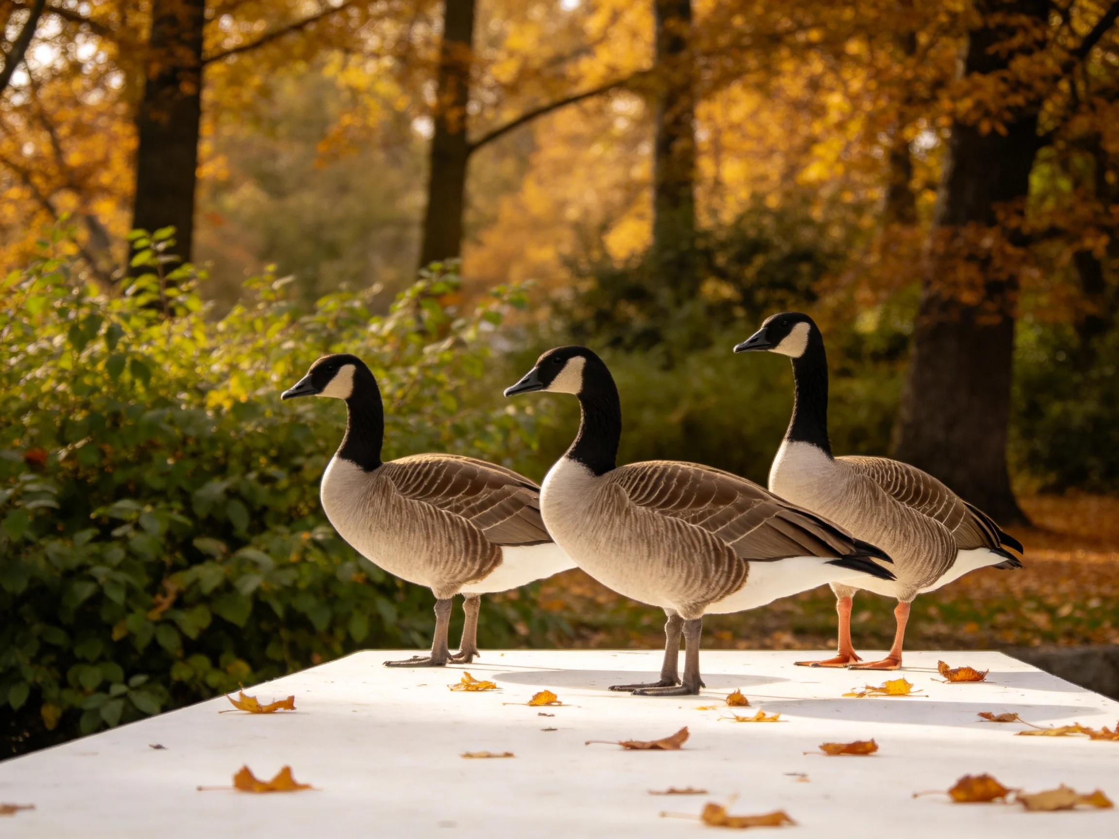Three Canada geese stand on a white surface with golden autumn trees behind them