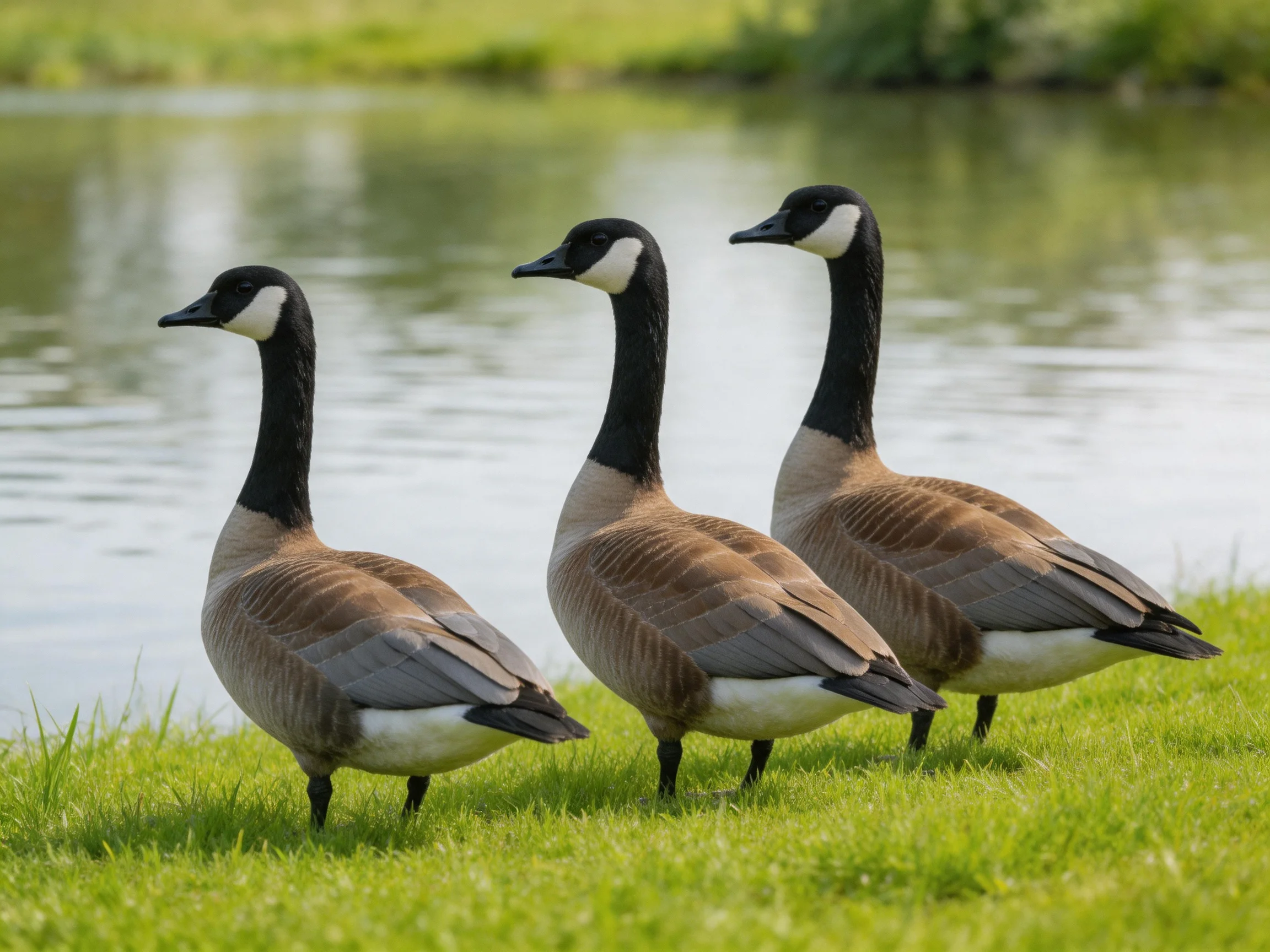Three Canada geese standing on lush green grass beside a calm body of water
