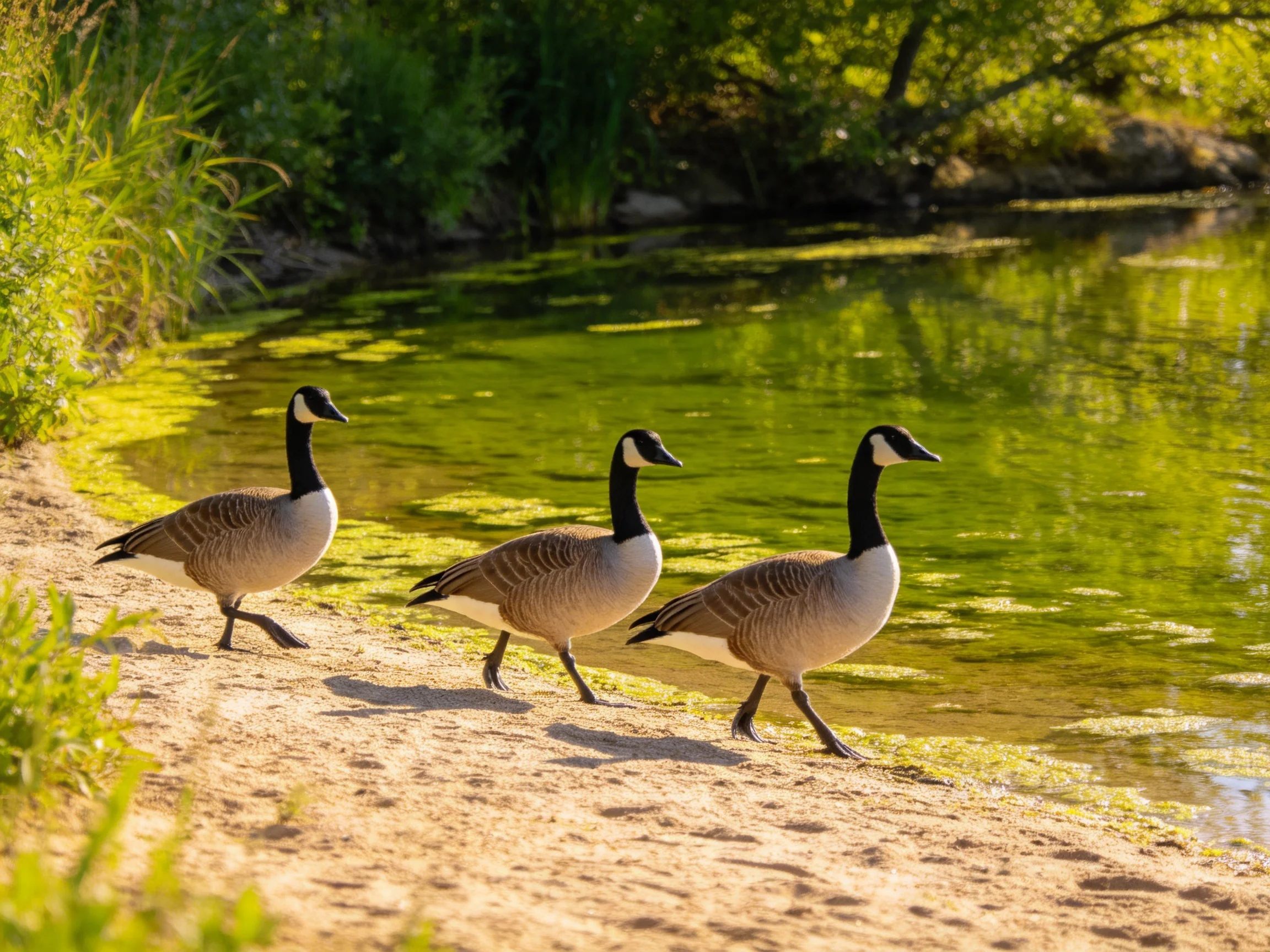 Three Canada geese walk along a sandy lakeshore by lush greenery