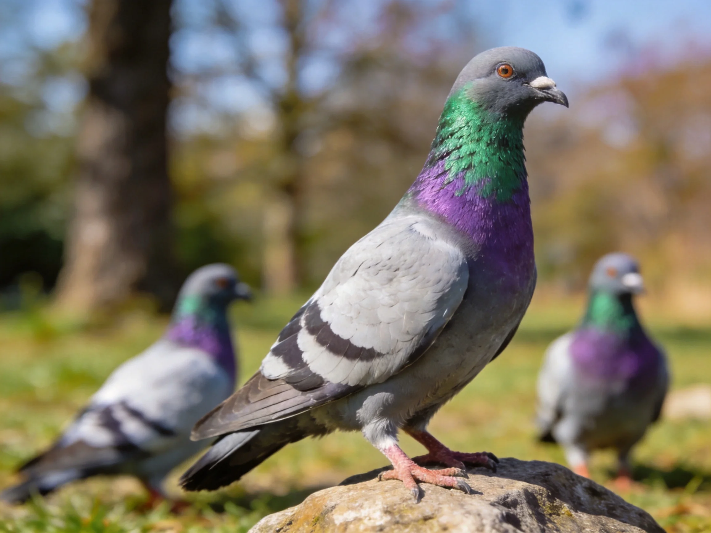 Three Pigeons with Vibrant Neck Feathers Perched on a Rock in a Sunny Park