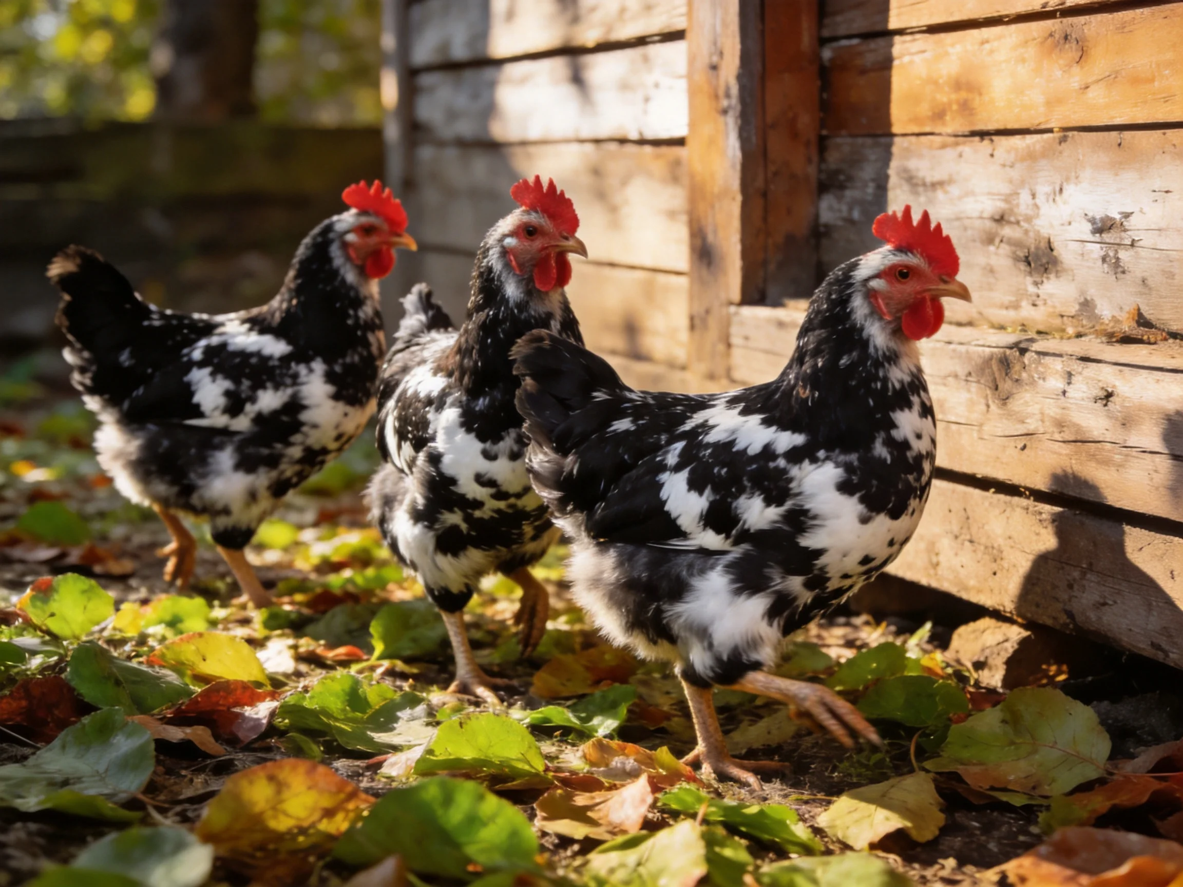 Three black-and-white chickens with red combs near a wooden shed