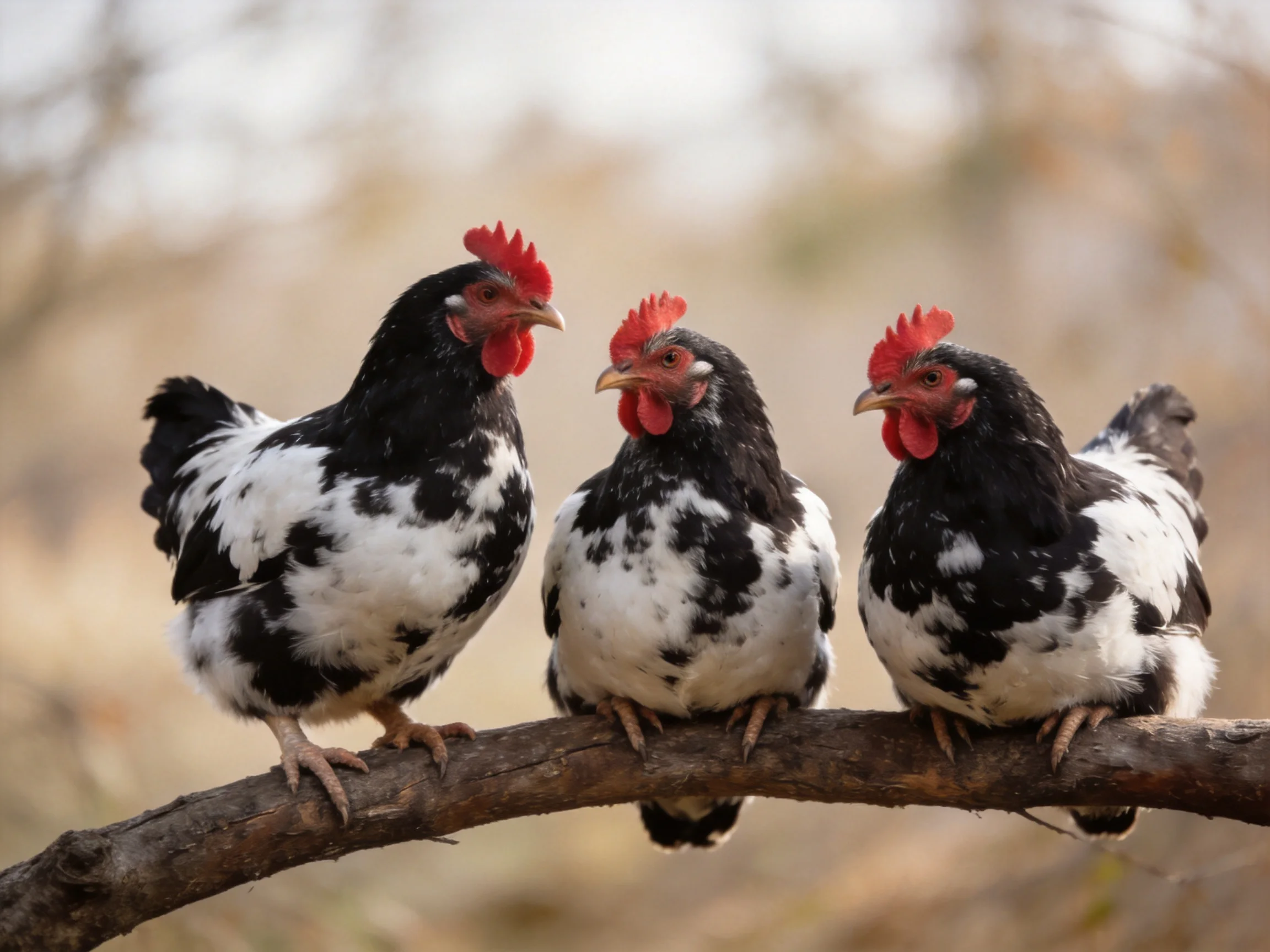 Three black and white chickens with red combs perched on a tree branch