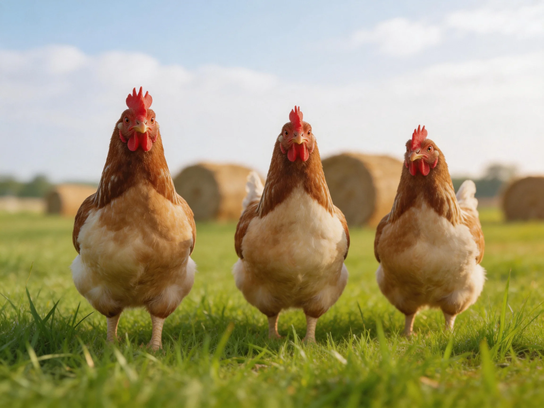 Three brown and white chickens stand on lush green grass with hay bales