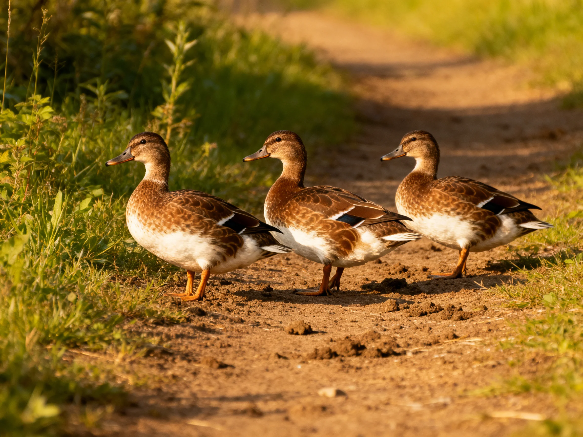 Three brown-and-white ducks walking along a sunlit dirt path near green vegetation