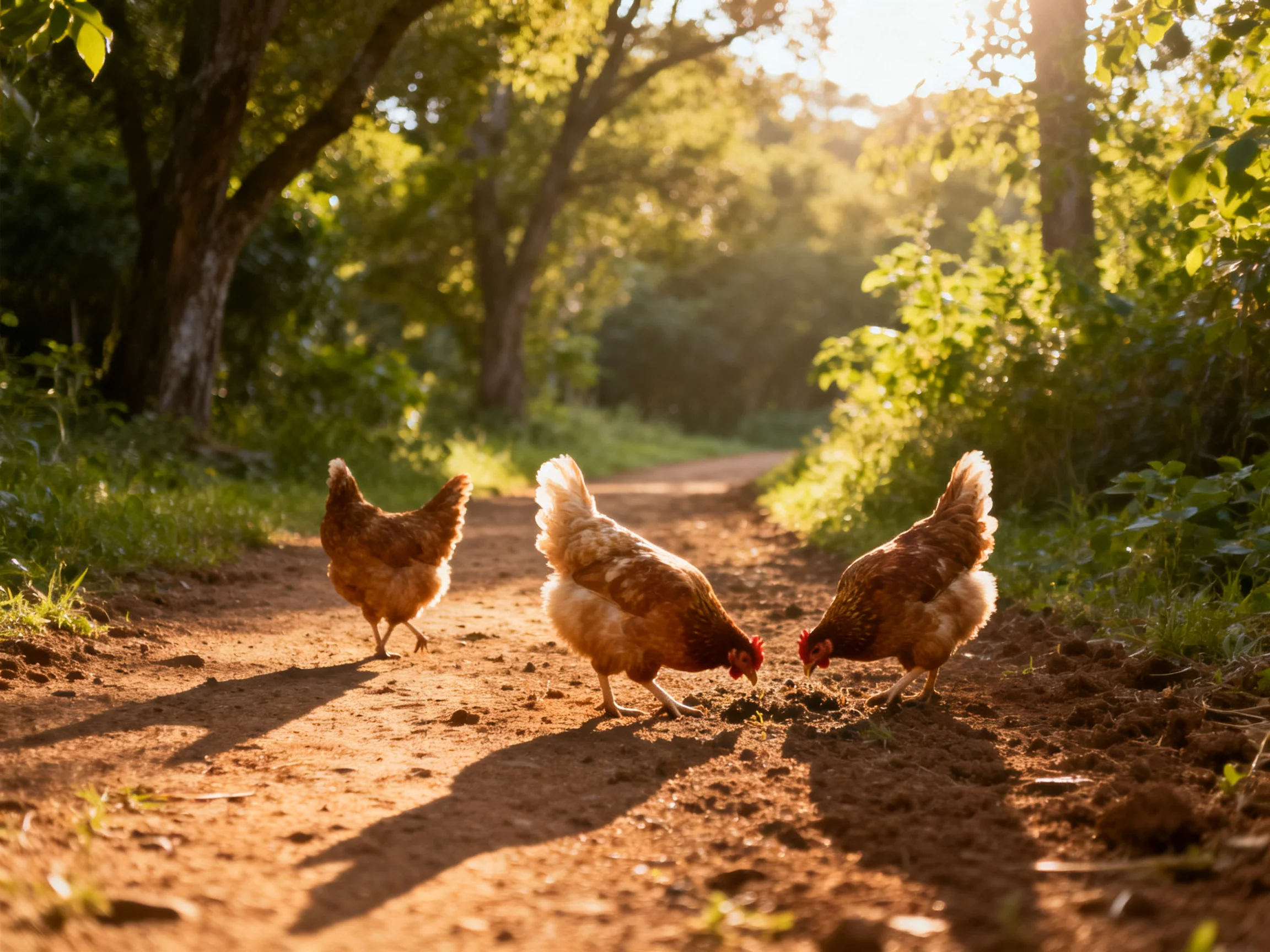 Three brown chickens forage on a sunlit dirt path amid lush trees