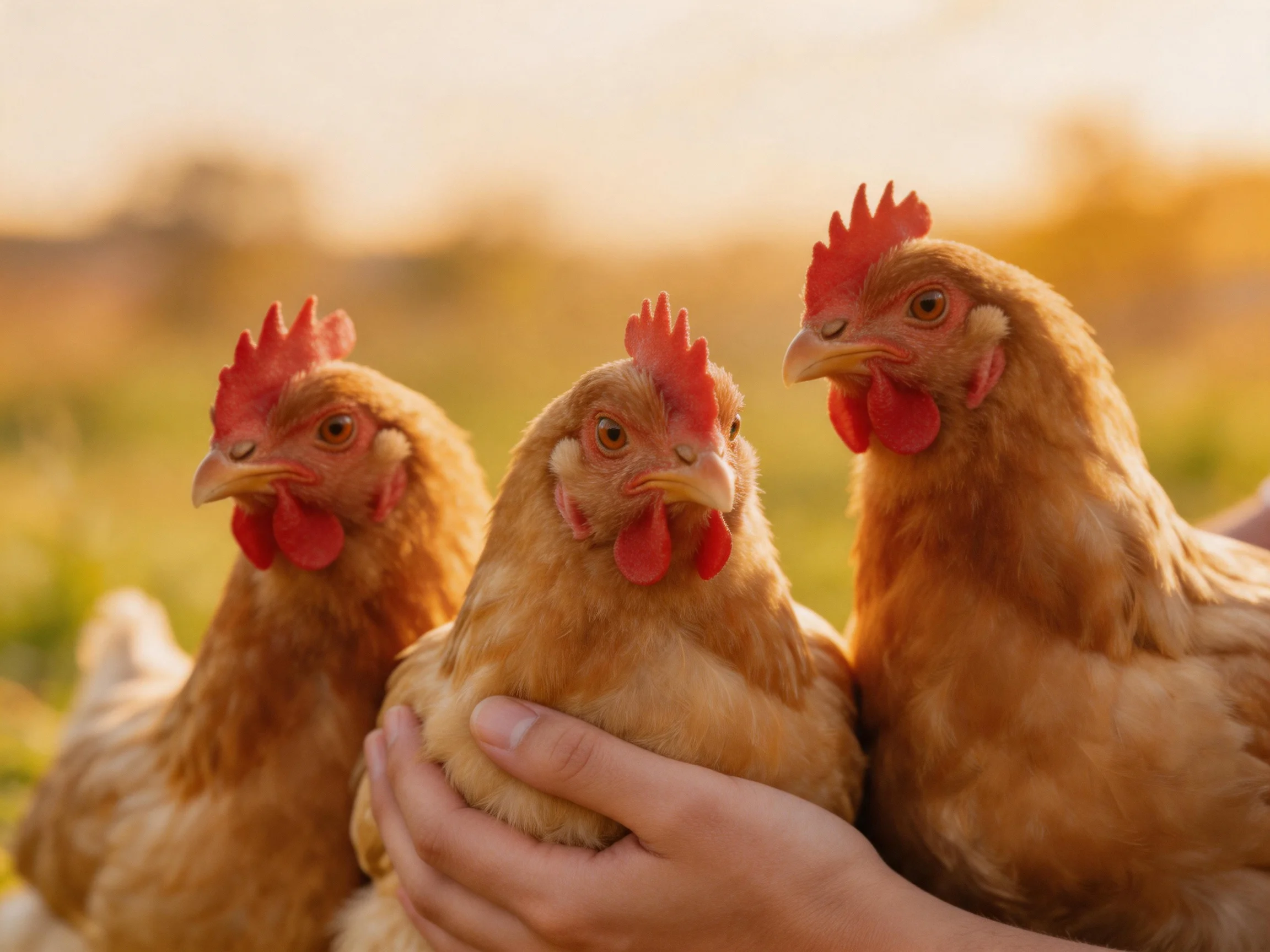 Three brown chickens with red combs held outdoors