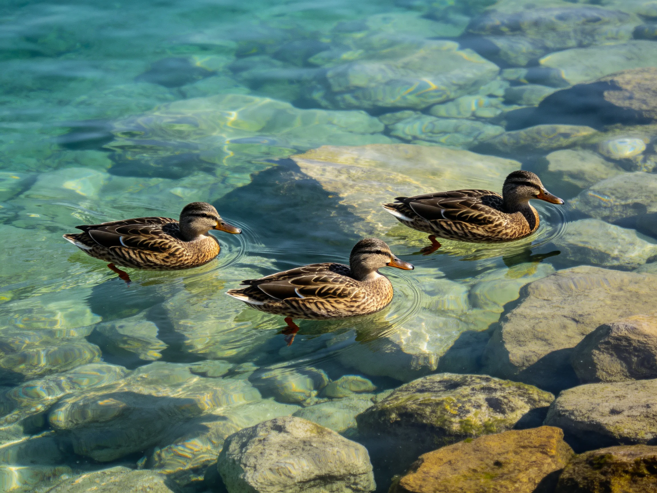 Three brown ducks swim in clear water near smooth stones