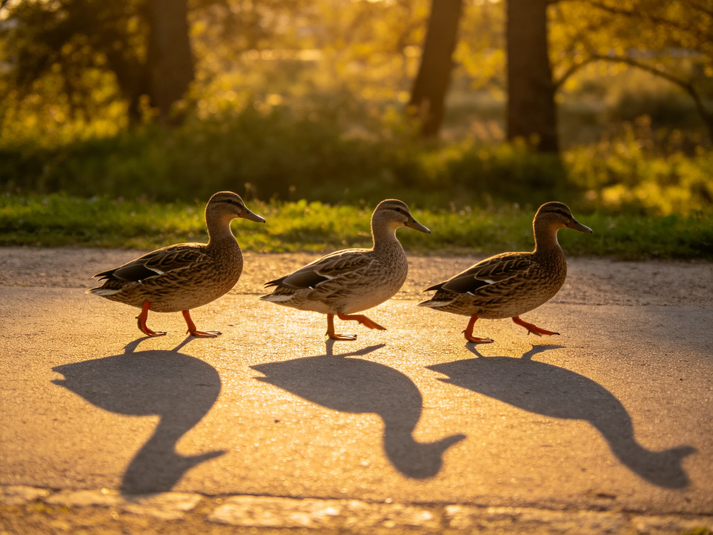 Three brown ducks walk along a sunlit path with elongated shadows