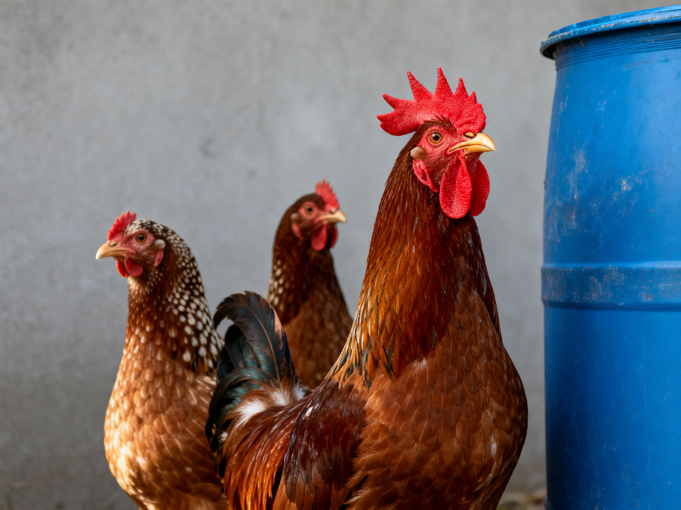 Three brown-feathered chickens with red combs near a large blue barrel