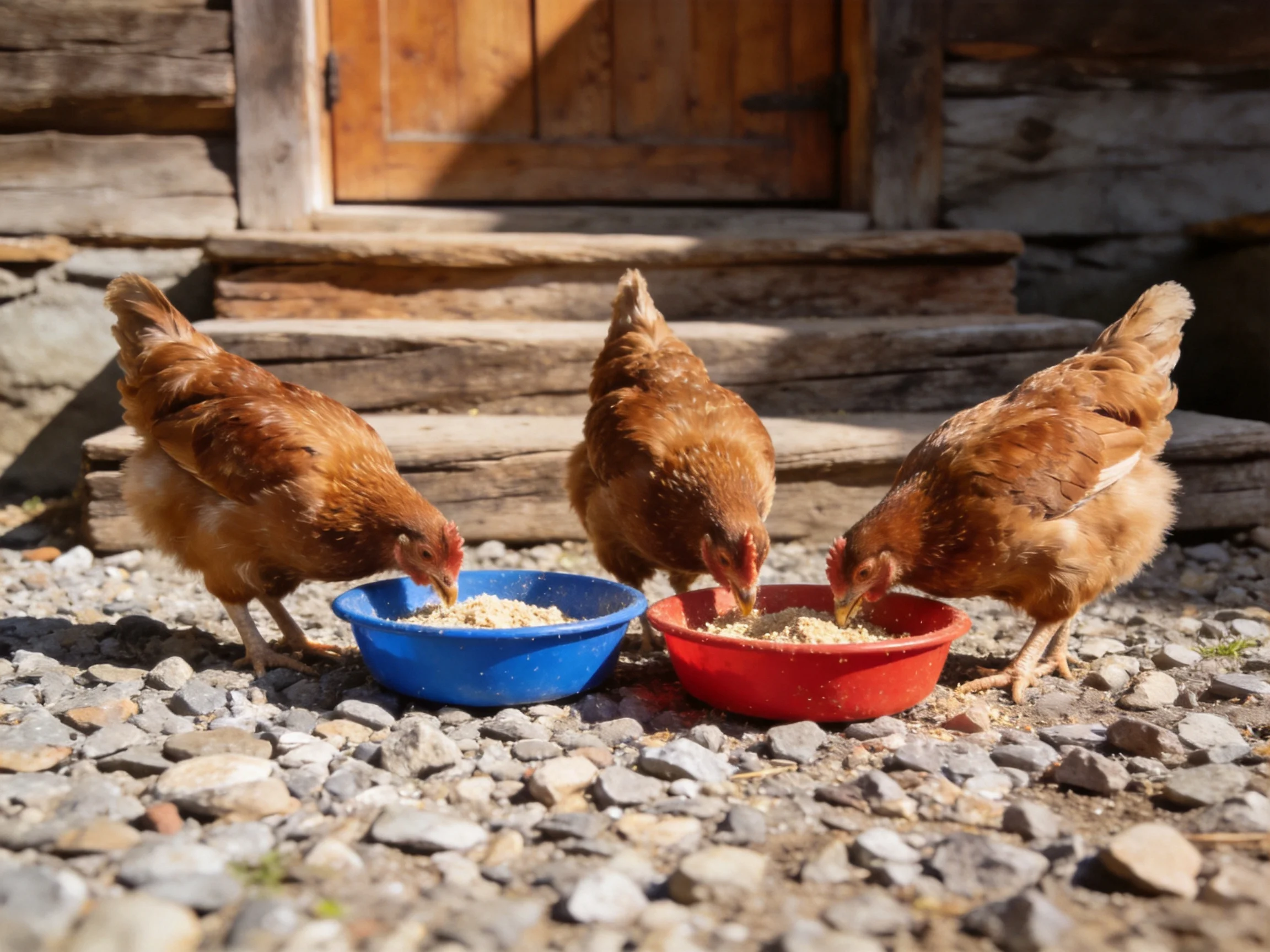 Three brown hens eat from blue and red bowls near a rustic wooden structure