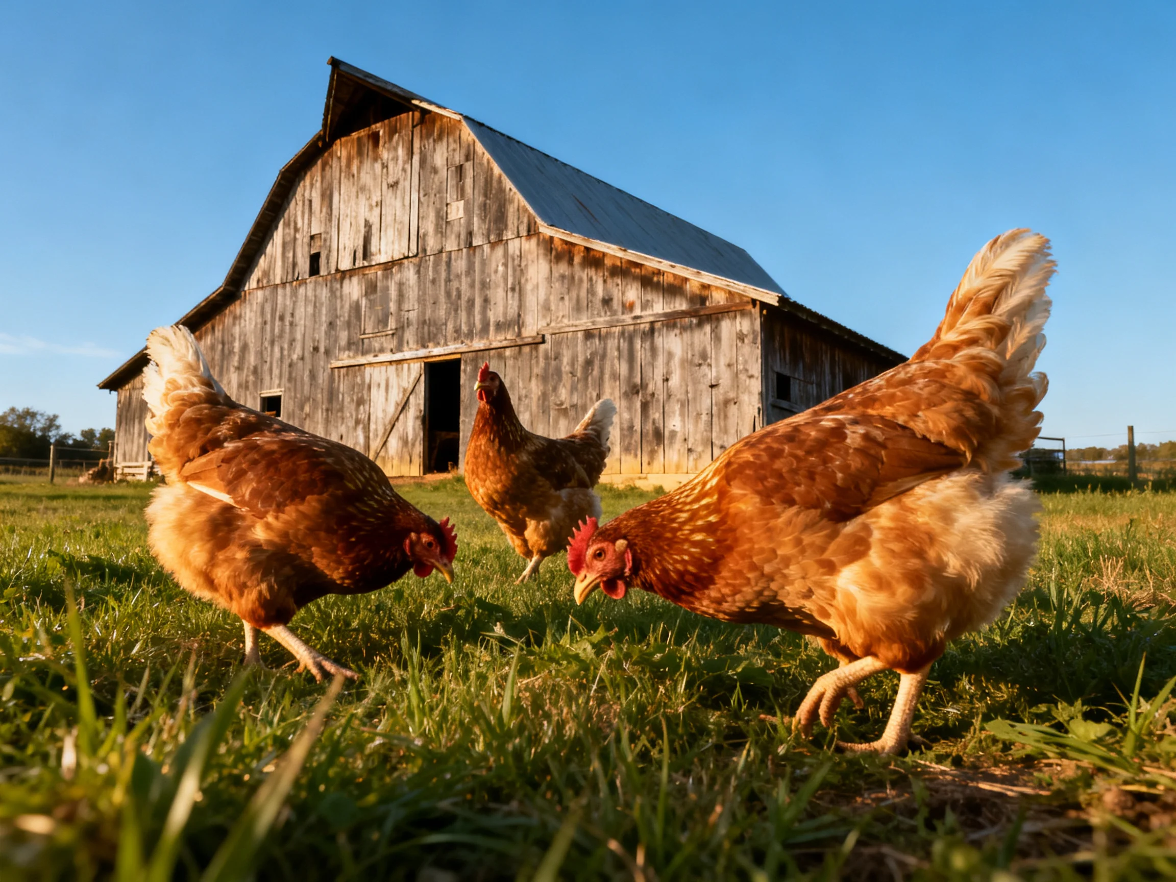 Three brown hens forage near an aged wooden barn beneath bright blue sky