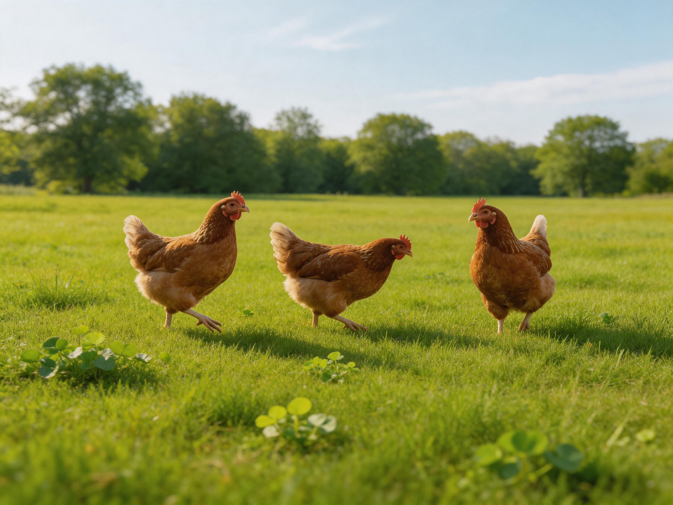 Three brown hens foraging in a lush green pasture