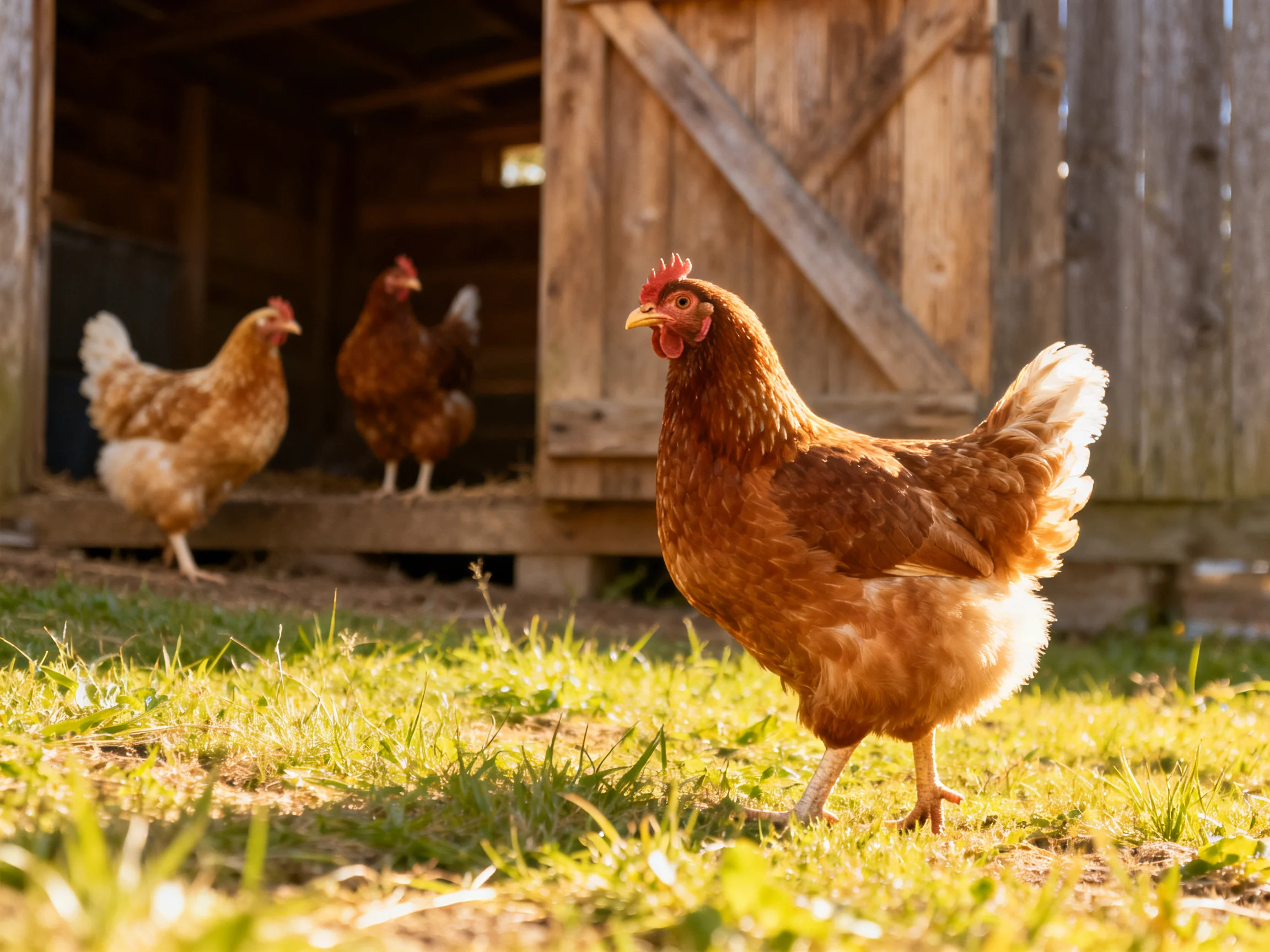 Three brown hens near a rustic wooden barn on sunlit grass