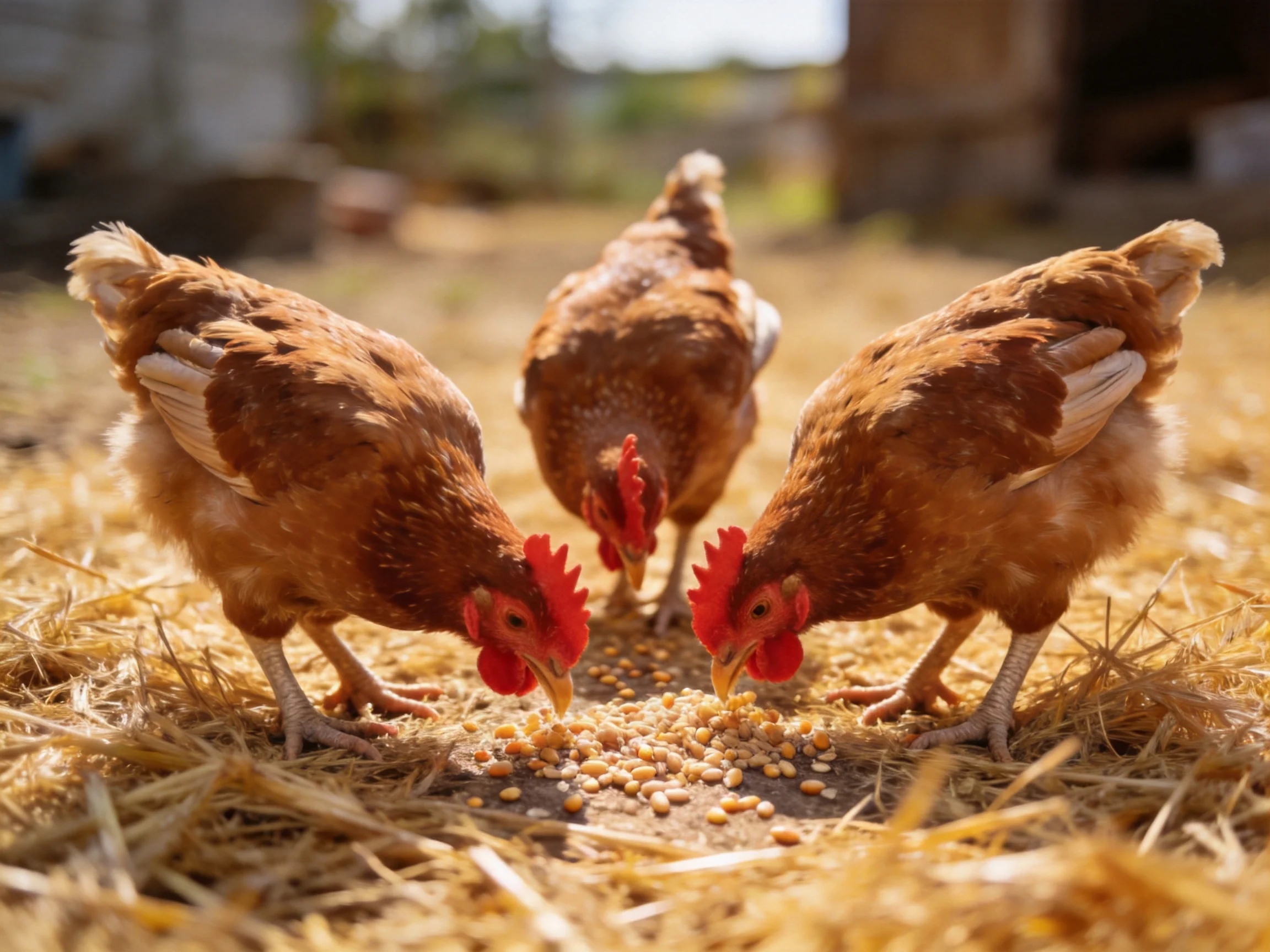 Three brown hens pecking seeds from straw-coveredground