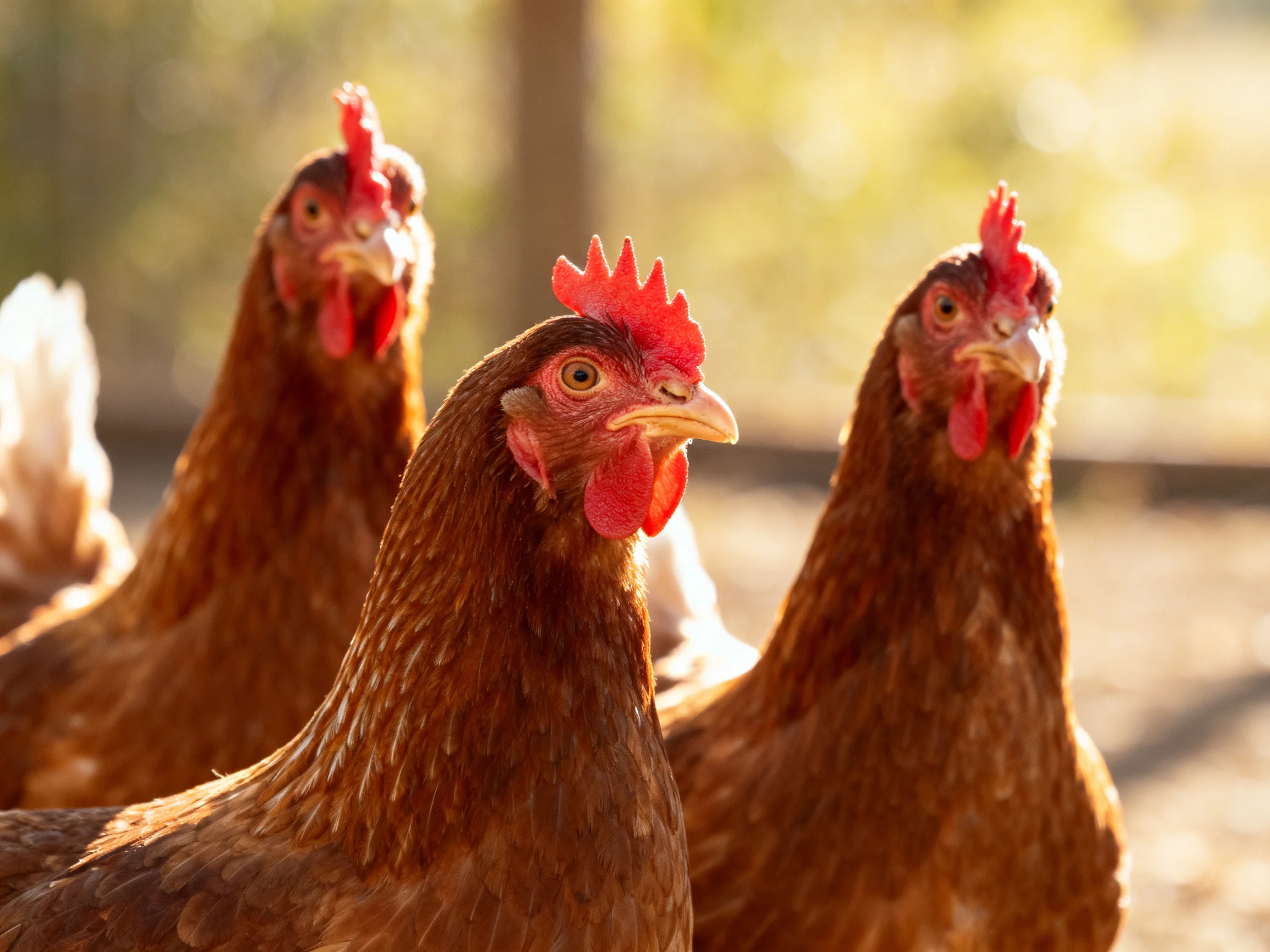 Three brown hens with red combs in sunny outdoor space