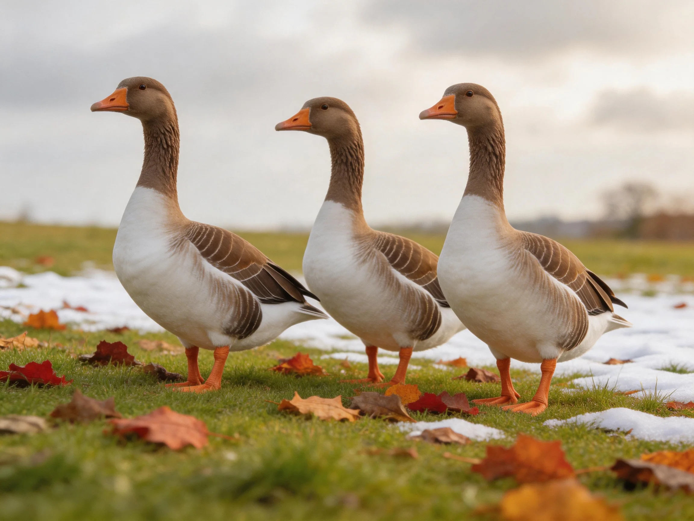 Three brown-necked geese on grass with snow and autumn leaves